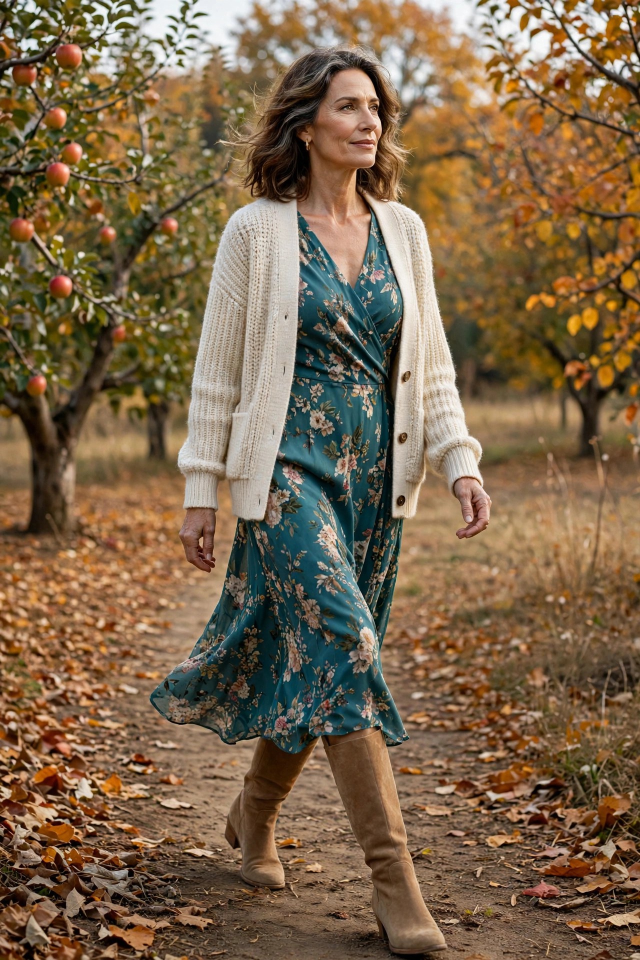 Woman in her 50s wearing a teal floral midi dress with tan suede knee-high boots and cream cardigan