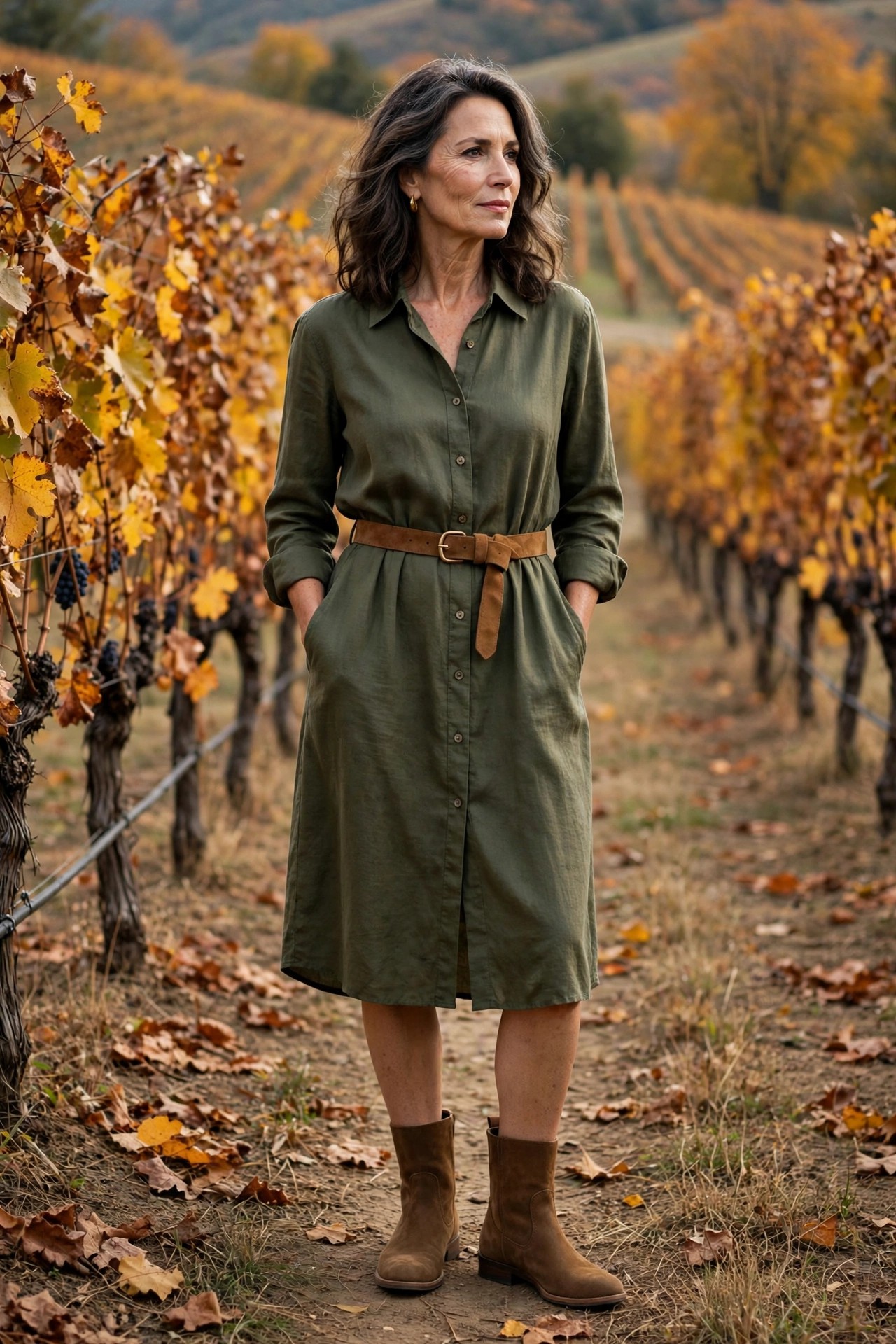 Woman in her 50s wearing an olive shirt dress with brown flat riding boots in a vineyard