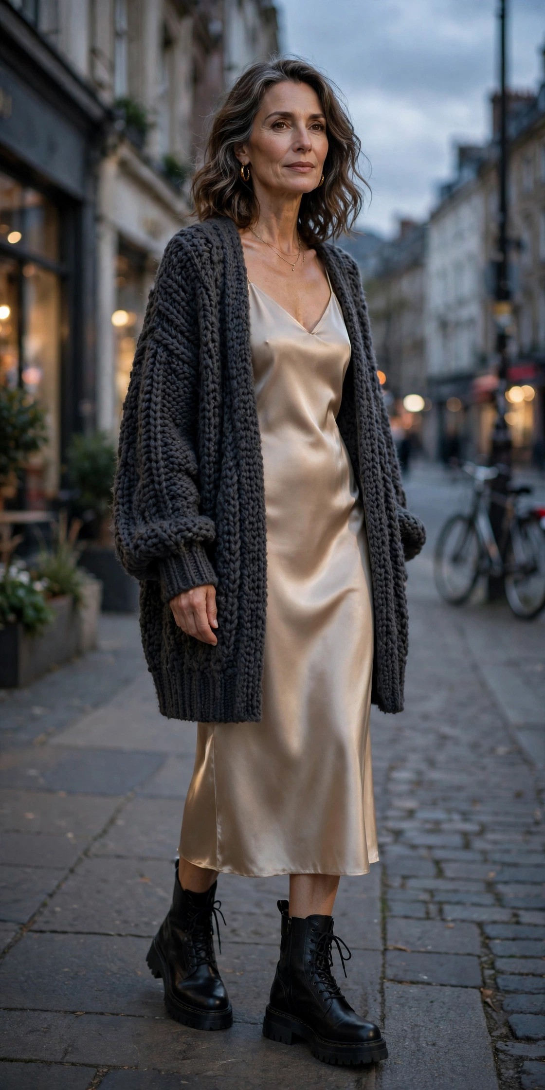 Woman in her 50s wearing a champagne satin slip dress layered under a charcoal cardigan with chunky black boots