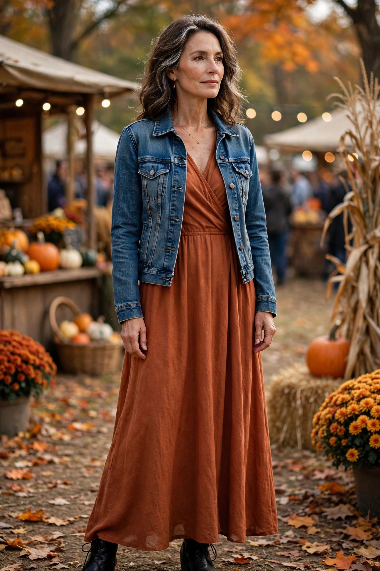 Woman in her 50s wearing a rust maxi dress with black ankle boots peeking from under the hem and denim jacket