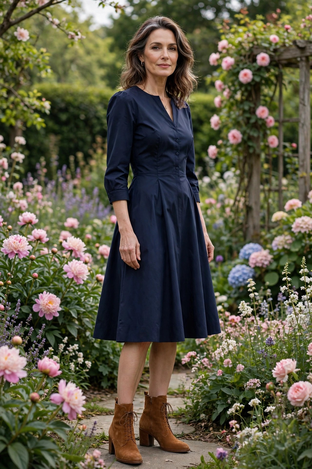 Woman in her 50s wearing a navy fit-and-flare A-line dress with cognac ankle boots in a garden