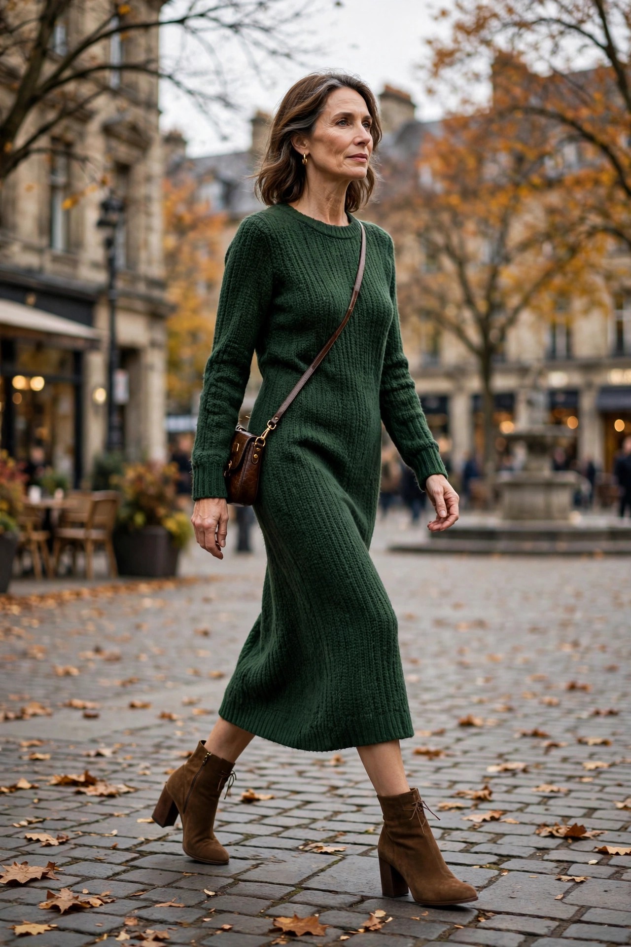 Woman in her 50s wearing a forest green knit midi dress with brown block-heel ankle boots