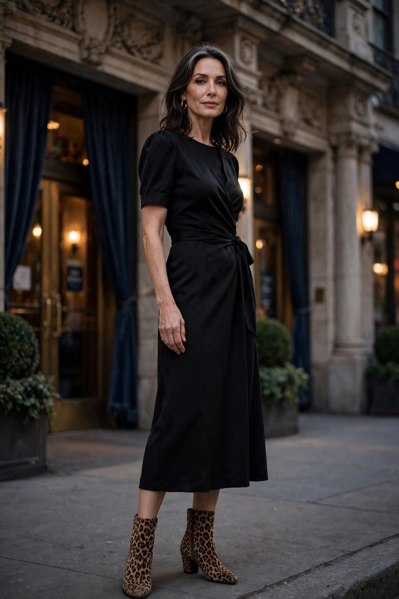 Woman in her 50s wearing a black midi dress with leopard-print ankle boots outside a theater