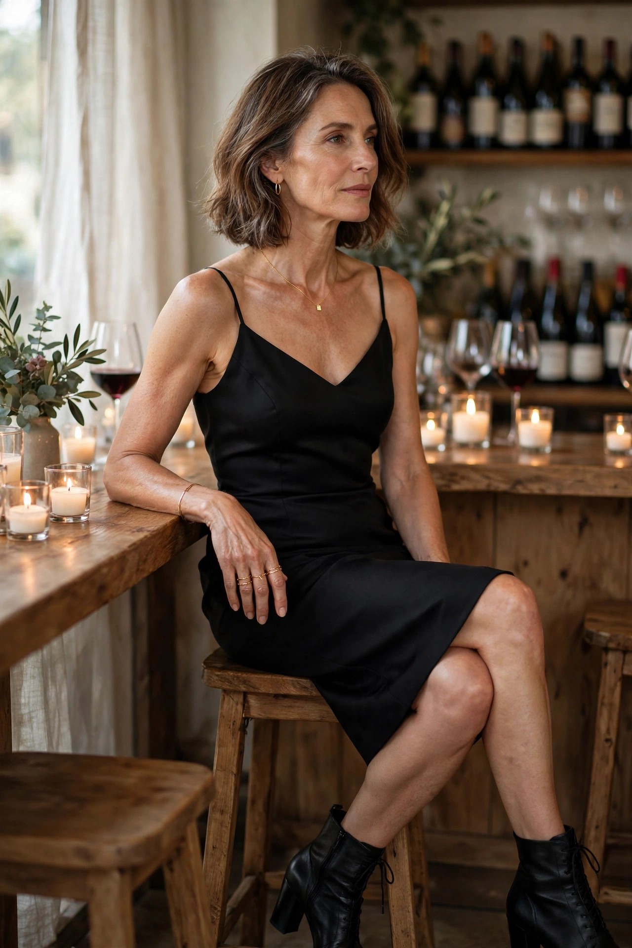 Woman in her 50s wearing a little black dress with heeled black ankle boots at a wine bar