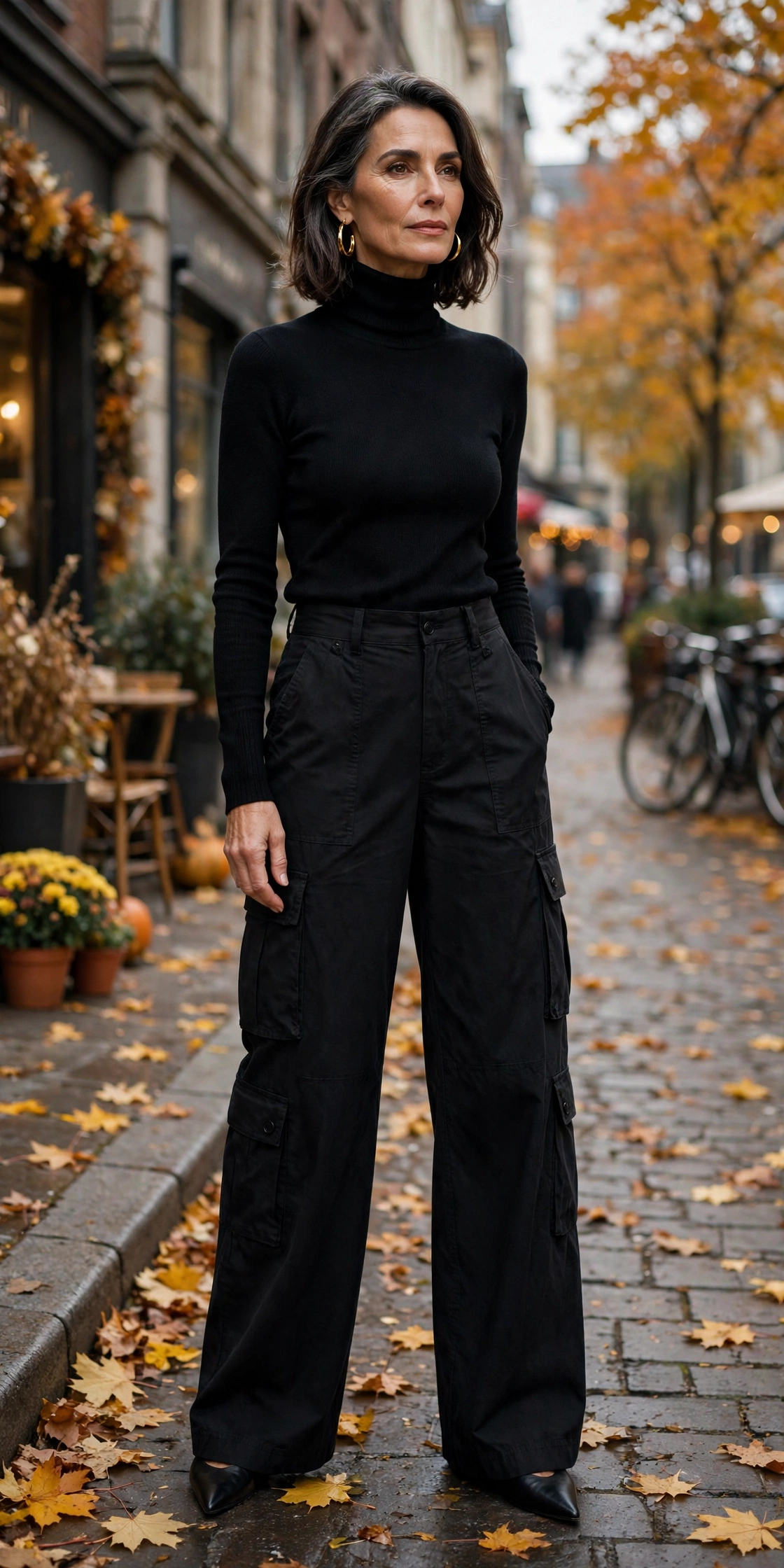 Woman over 50 in black wide-leg cargo pants with a fitted black turtleneck and pointed flats on an autumn street