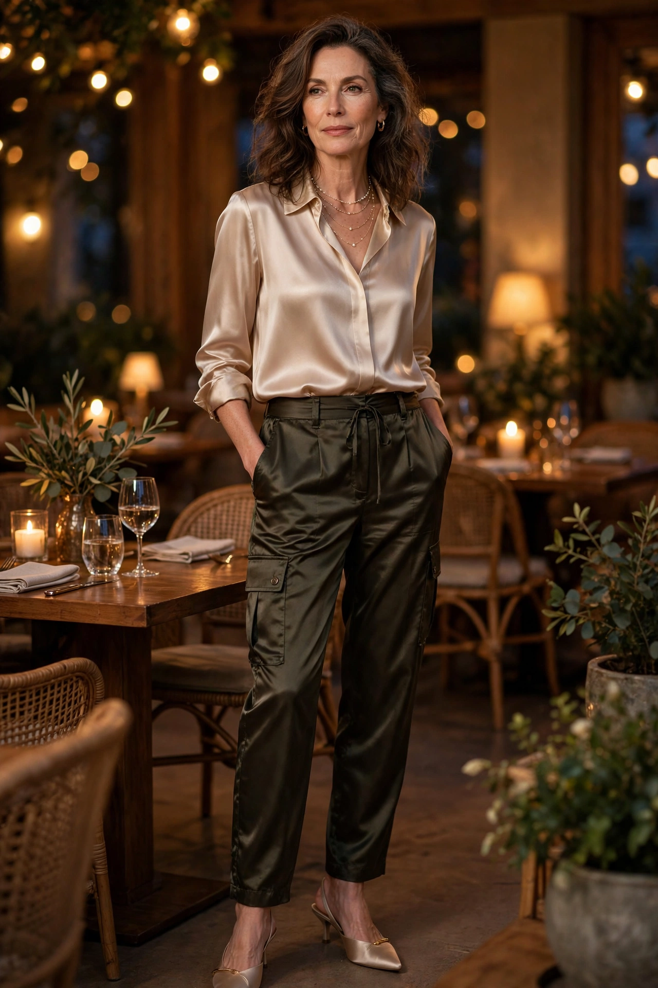 Woman over 50 wearing dark olive satin cargo pants with a champagne silk blouse and heeled mules at dinner