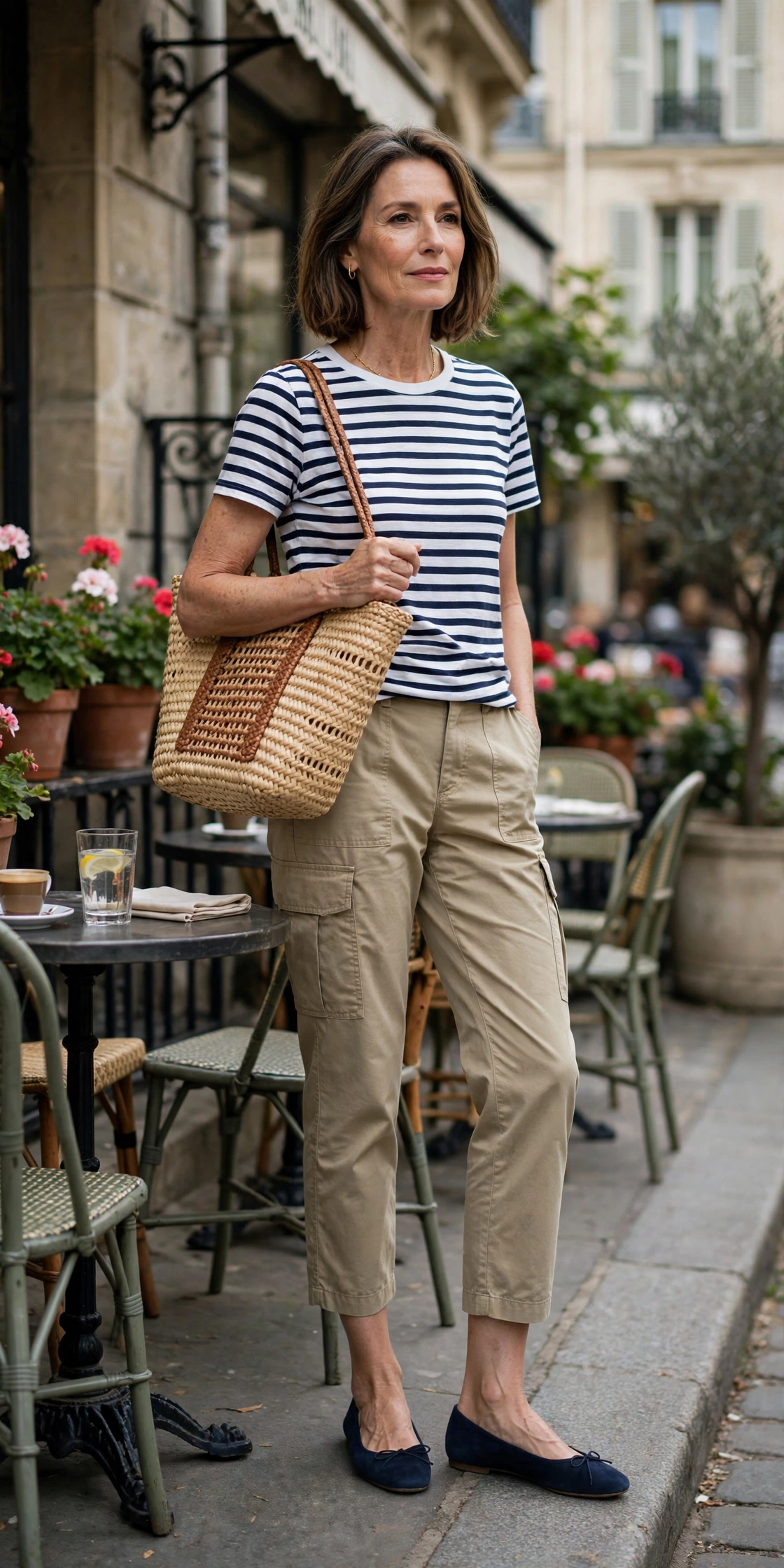 Woman over 50 in cropped khaki cargo pants with a Breton stripe tee and ballet flats at a Parisian cafe