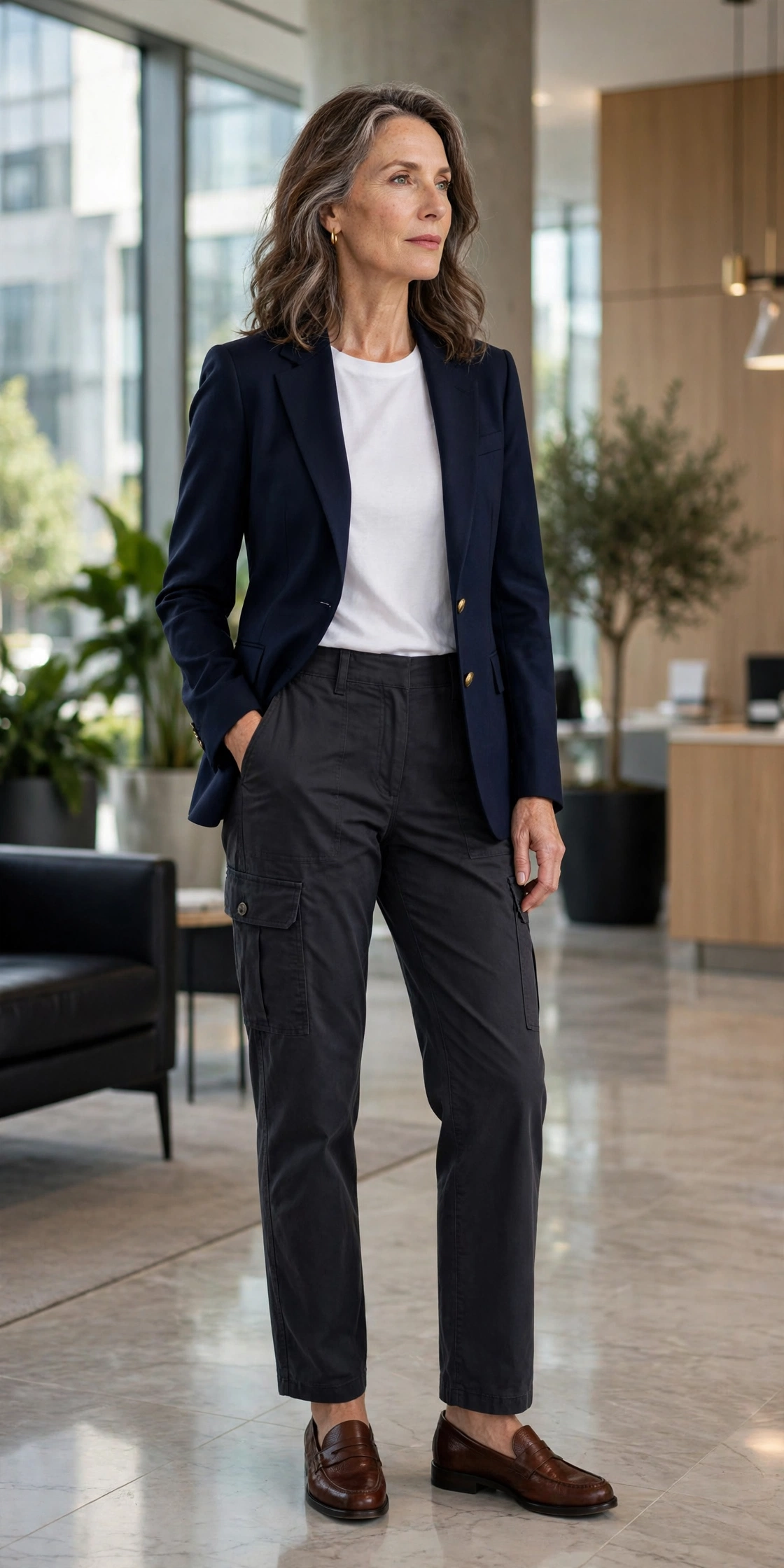 Woman over 50 wearing charcoal cargo pants with a tailored navy blazer, white tee and loafers at the office