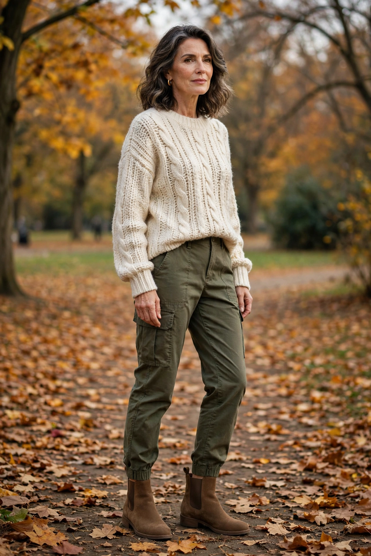 Woman over 50 in tapered olive cargo pants with a cream chunky knit sweater and ankle boots in autumn