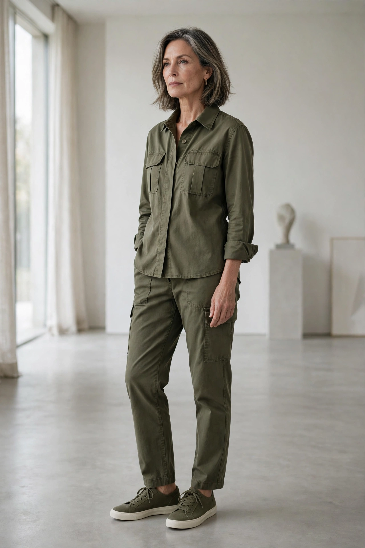 Woman over 50 wearing a tonal all-olive outfit of utility shirt, cargo pants and sneakers