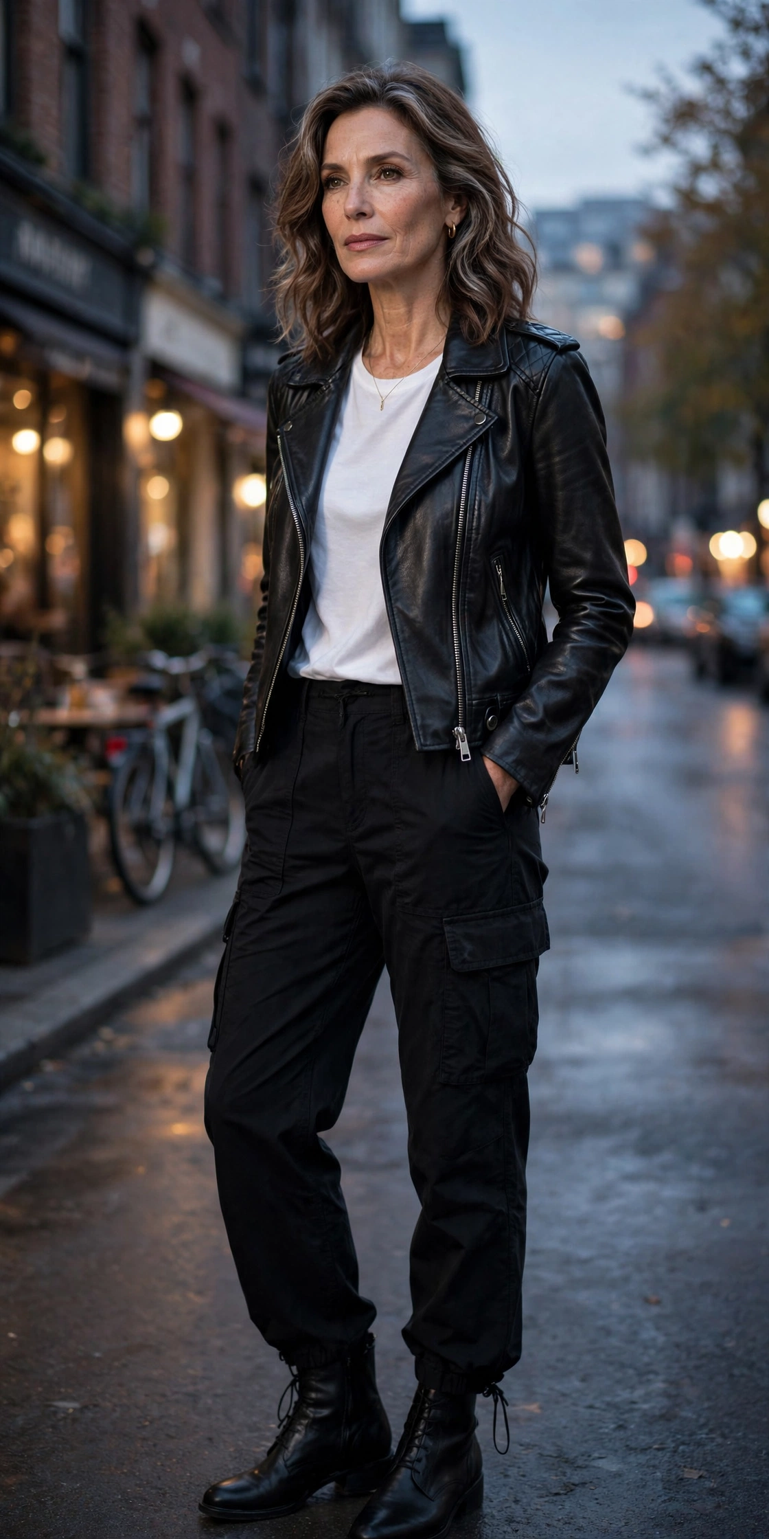 Woman over 50 in black cargo pants with a leather moto jacket, white tee and ankle boots at dusk