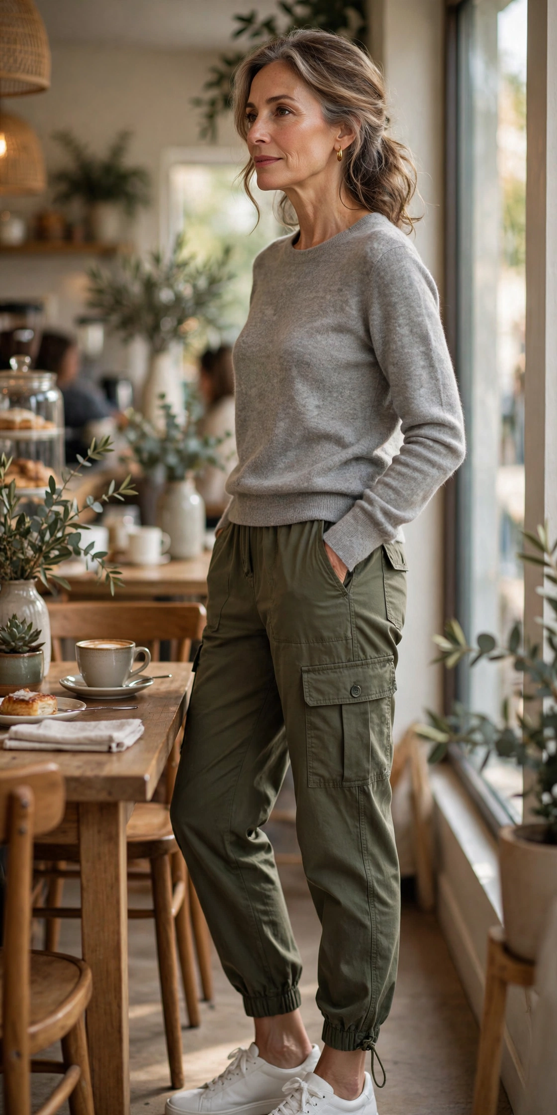 Woman over 50 wearing olive cargo joggers with a grey cashmere sweater and white sneakers at a cafe