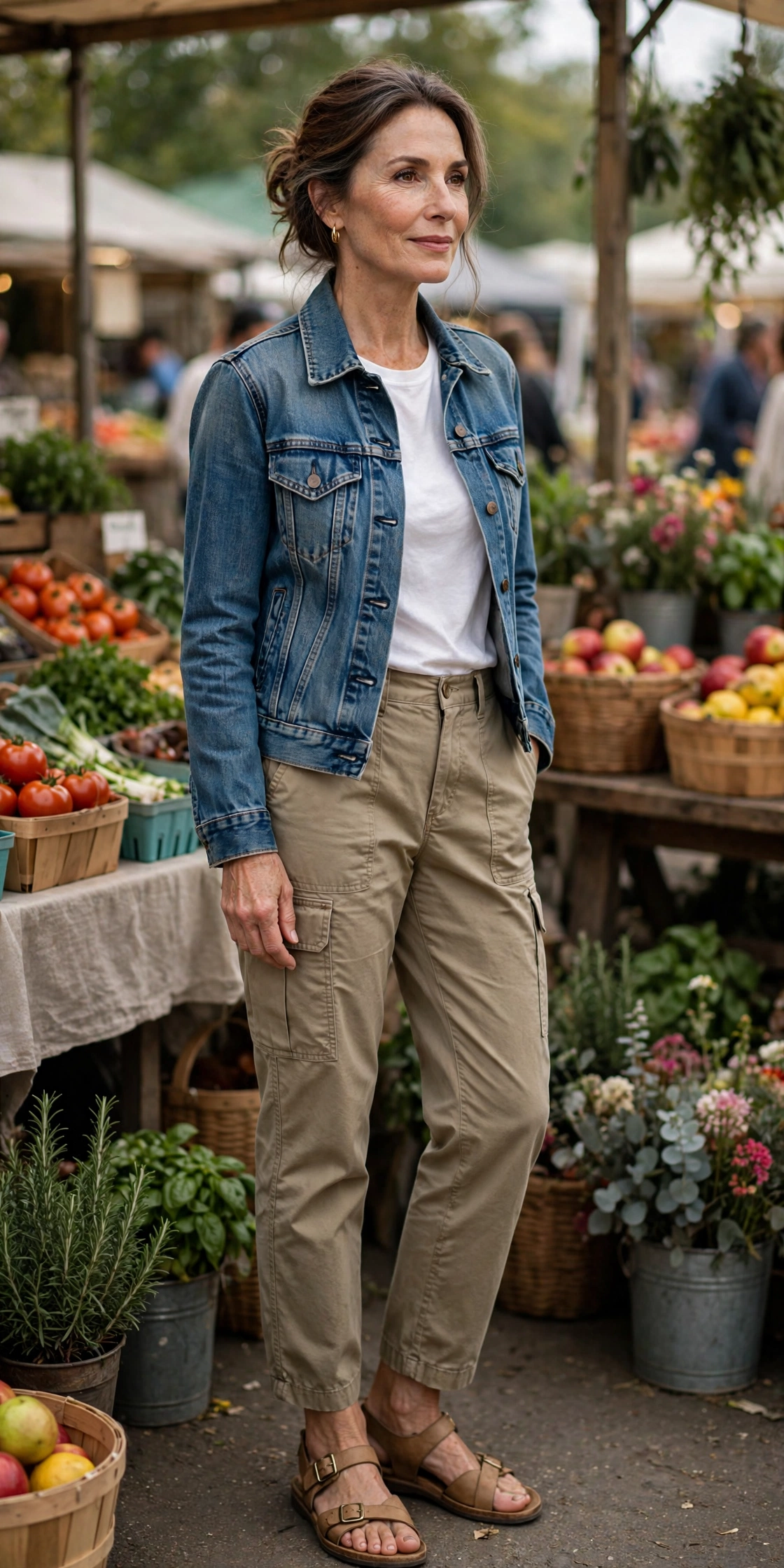 Woman over 50 in khaki cargo pants with a denim jacket, white tee and tan sandals at a market