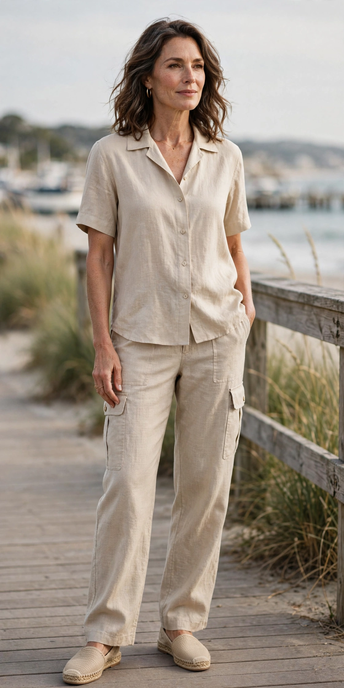 Woman over 50 wearing beige linen cargo pants with a matching linen shirt and espadrilles by the sea