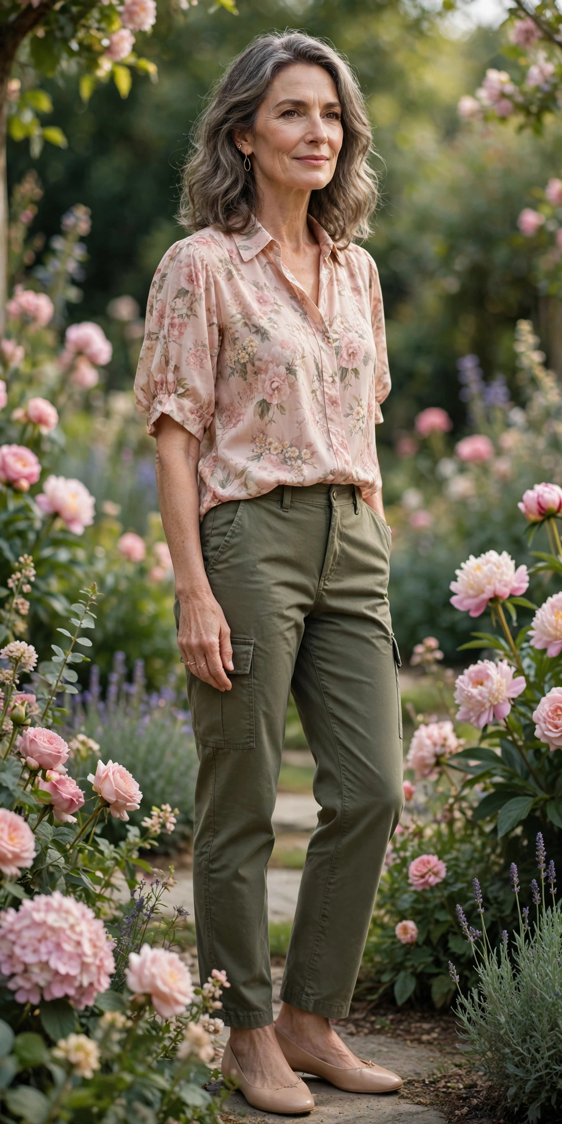 Woman over 50 in olive cargo pants with a blush floral blouse and nude flats in a garden