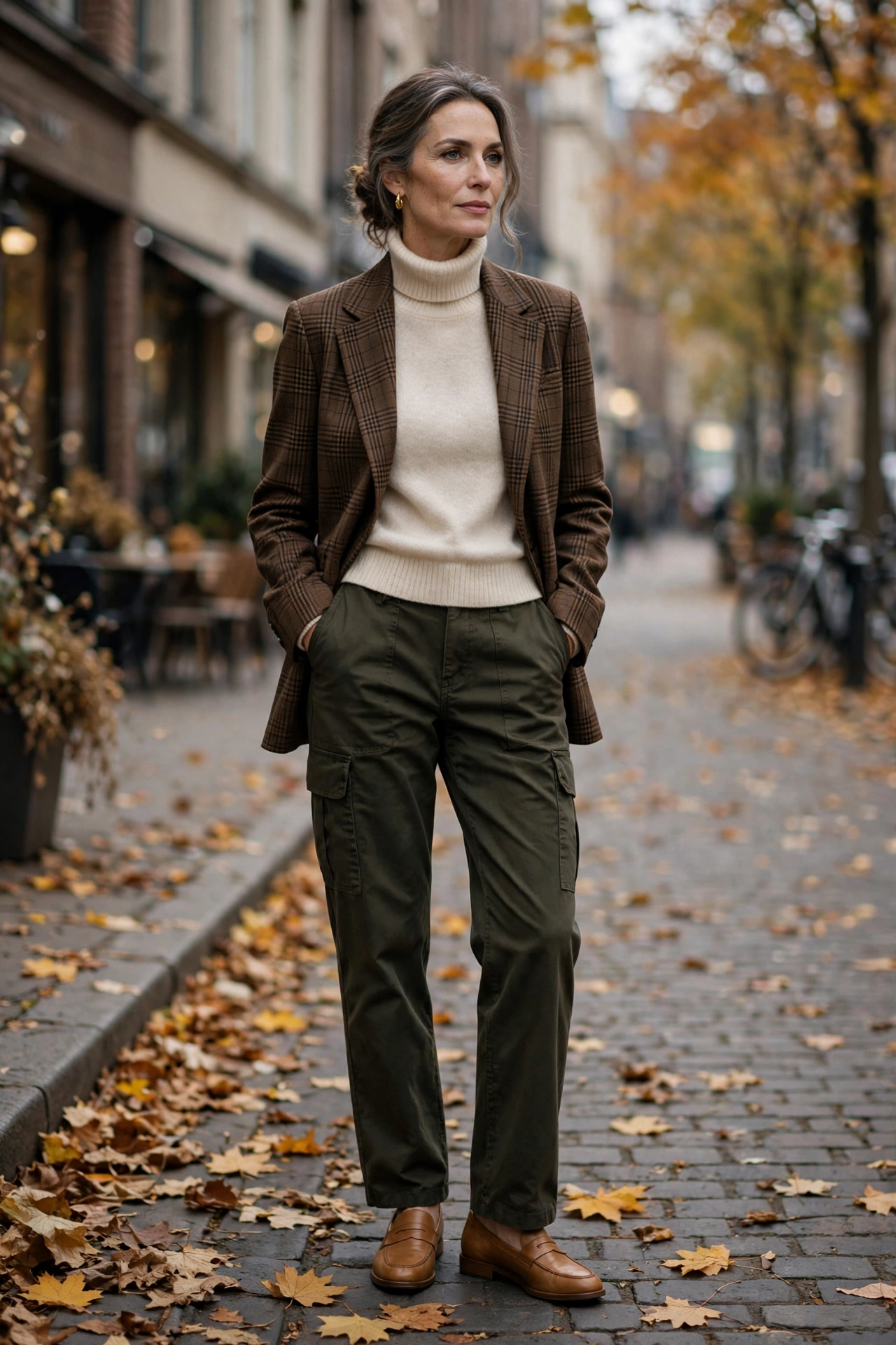 Woman over 50 wearing dark olive cargo pants with a brown plaid blazer, cream turtleneck and loafers