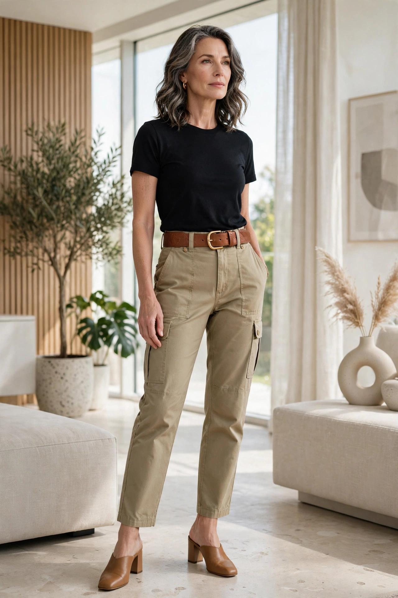 Woman over 50 in high-waisted khaki cargo pants with a cognac belt, black tee and block heels