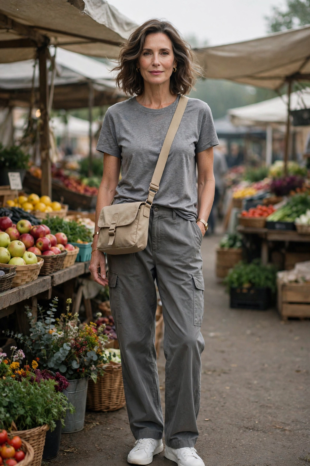 Woman over 50 in stone-grey cargo pants with a grey tee, white sneakers and crossbody bag at a market