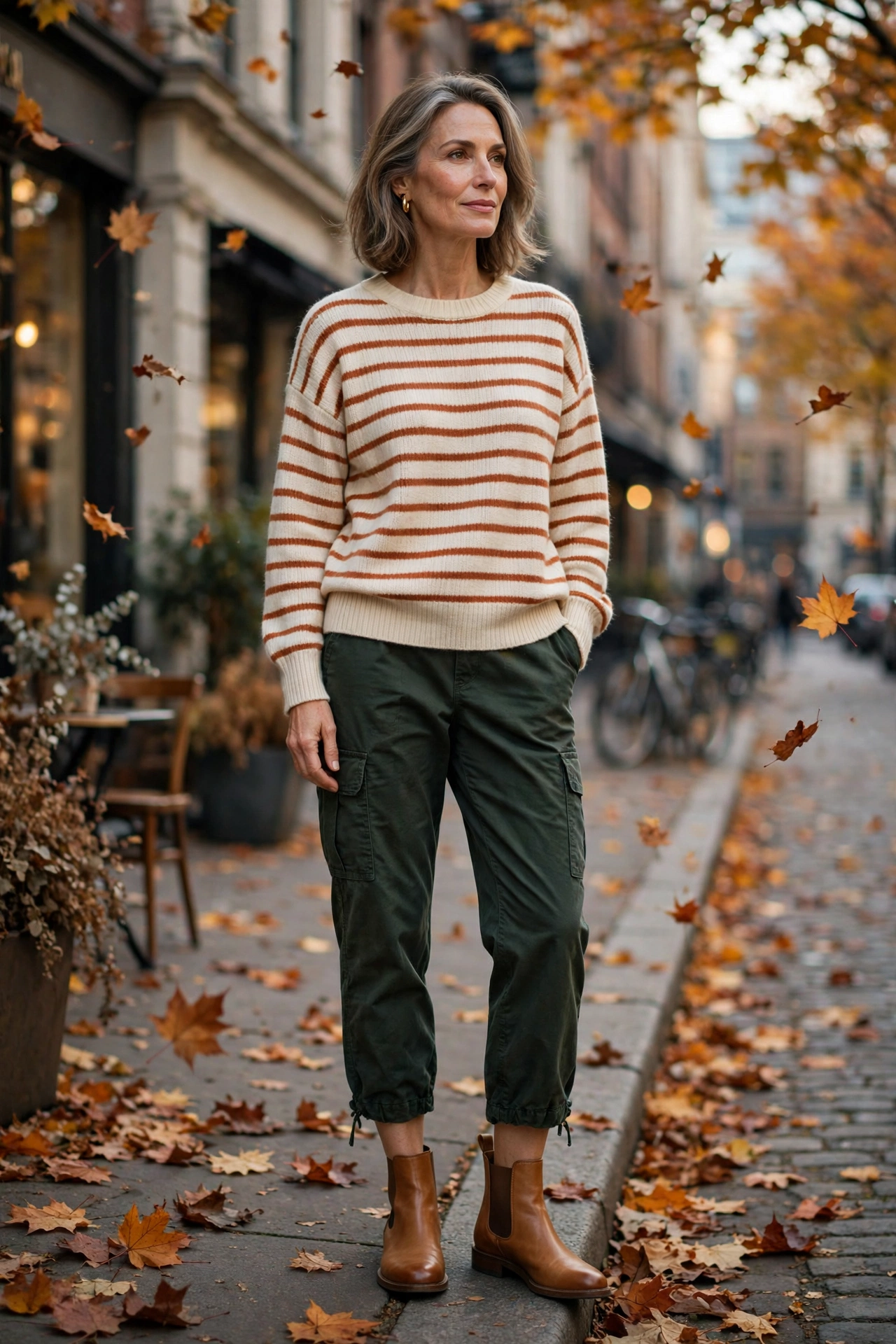 Woman over 50 wearing cropped dark green cargo pants with a striped sweater and tan Chelsea boots