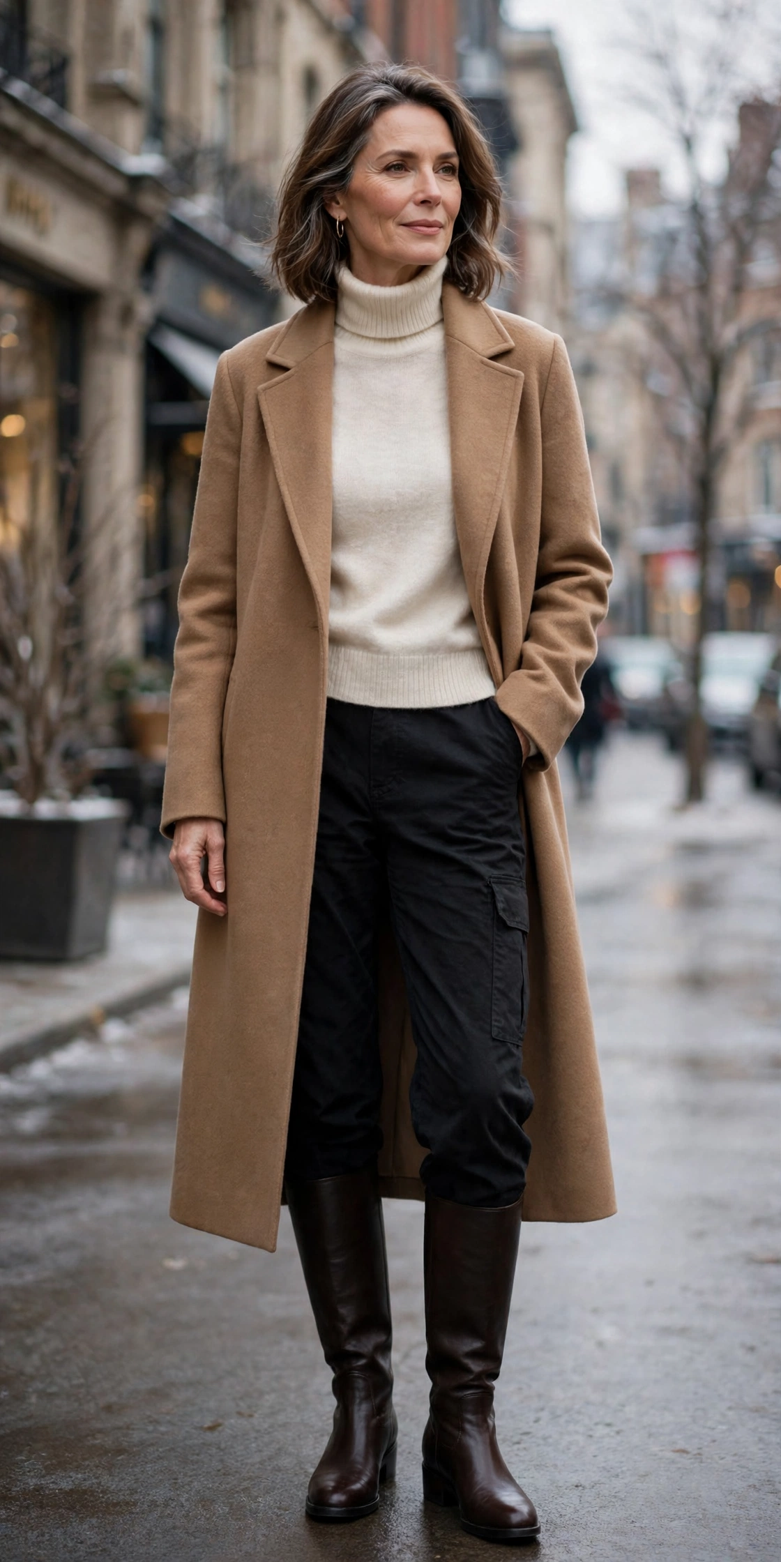 Woman over 50 in black cargo pants with a cream turtleneck, camel coat and knee-high boots in winter