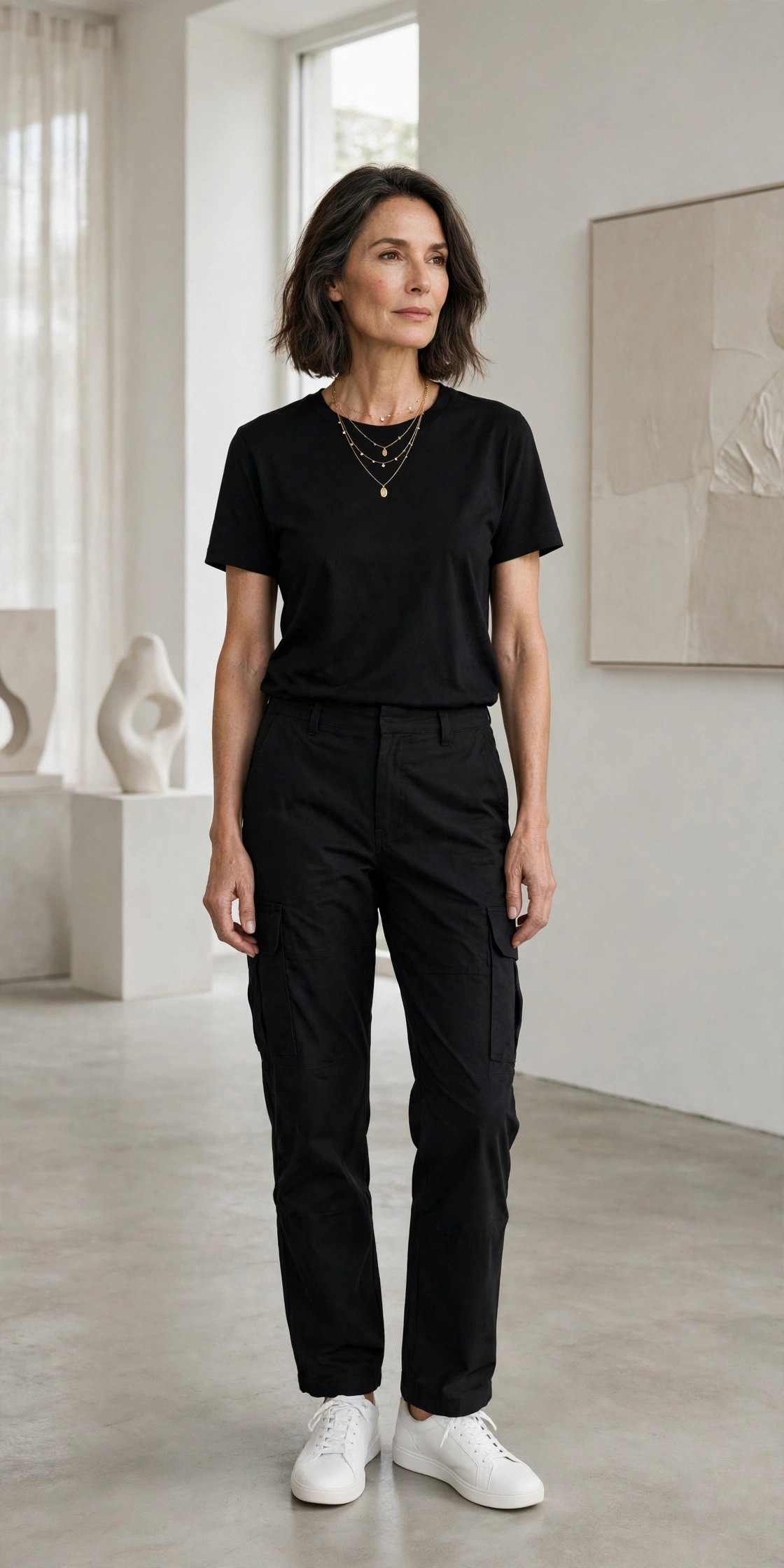 Woman over 50 wearing black cargo pants with a black tee, gold necklaces and white sneakers in a gallery