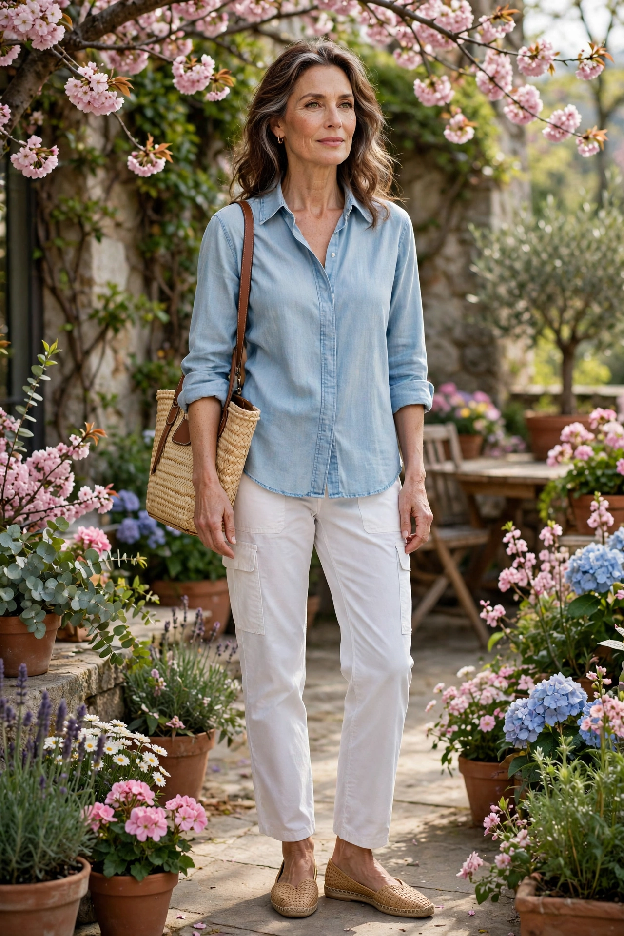 Woman over 50 in white cargo pants with a chambray shirt and woven flats on a spring terrace
