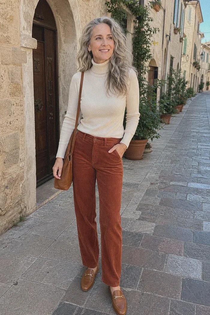 Woman over 50 wearing rust corduroy flared trousers with a cream turtleneck fall outfit