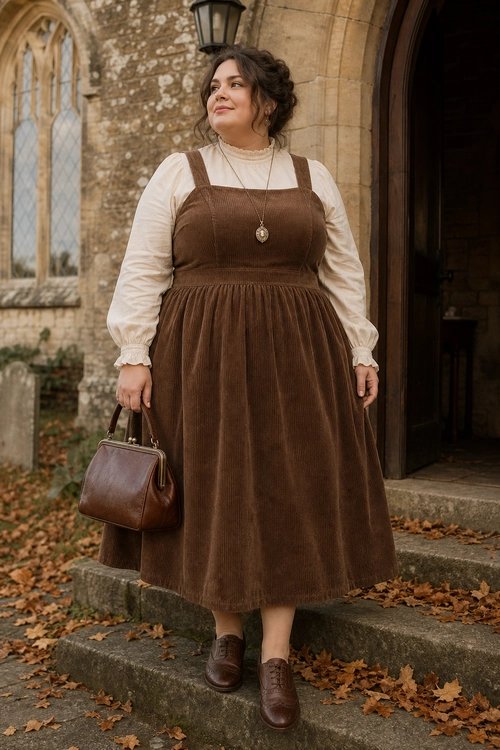 Corduroy pinafore dress outfit over a floral blouse for fall