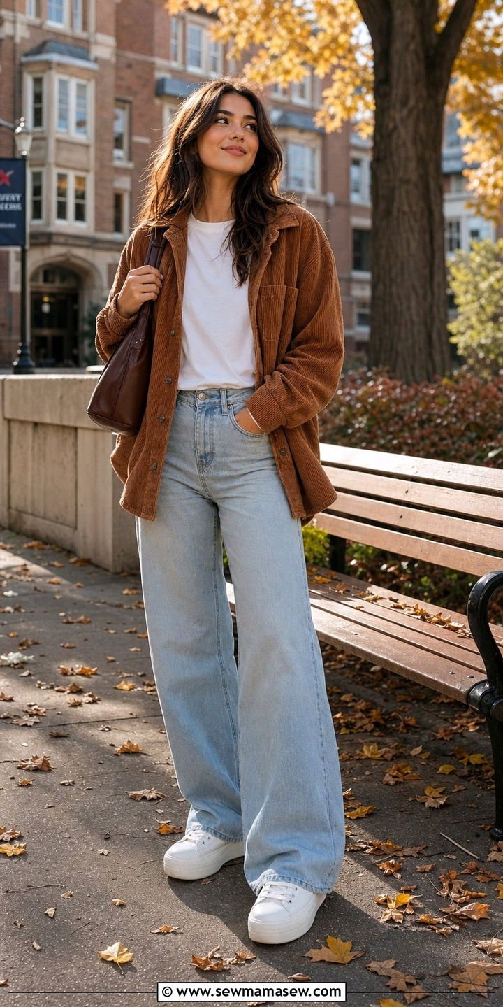 Chocolate corduroy shacket over a white tee with jeans