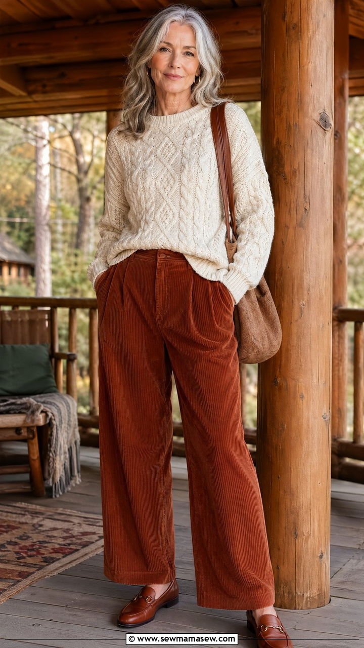 Cream corduroy wide-leg trousers with a cozy sweater and loafers