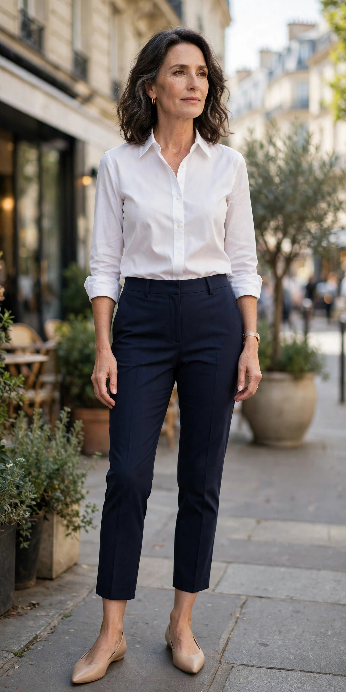 Navy Cropped White Shirt Nude Flats - cropped pants outfit for women over 50