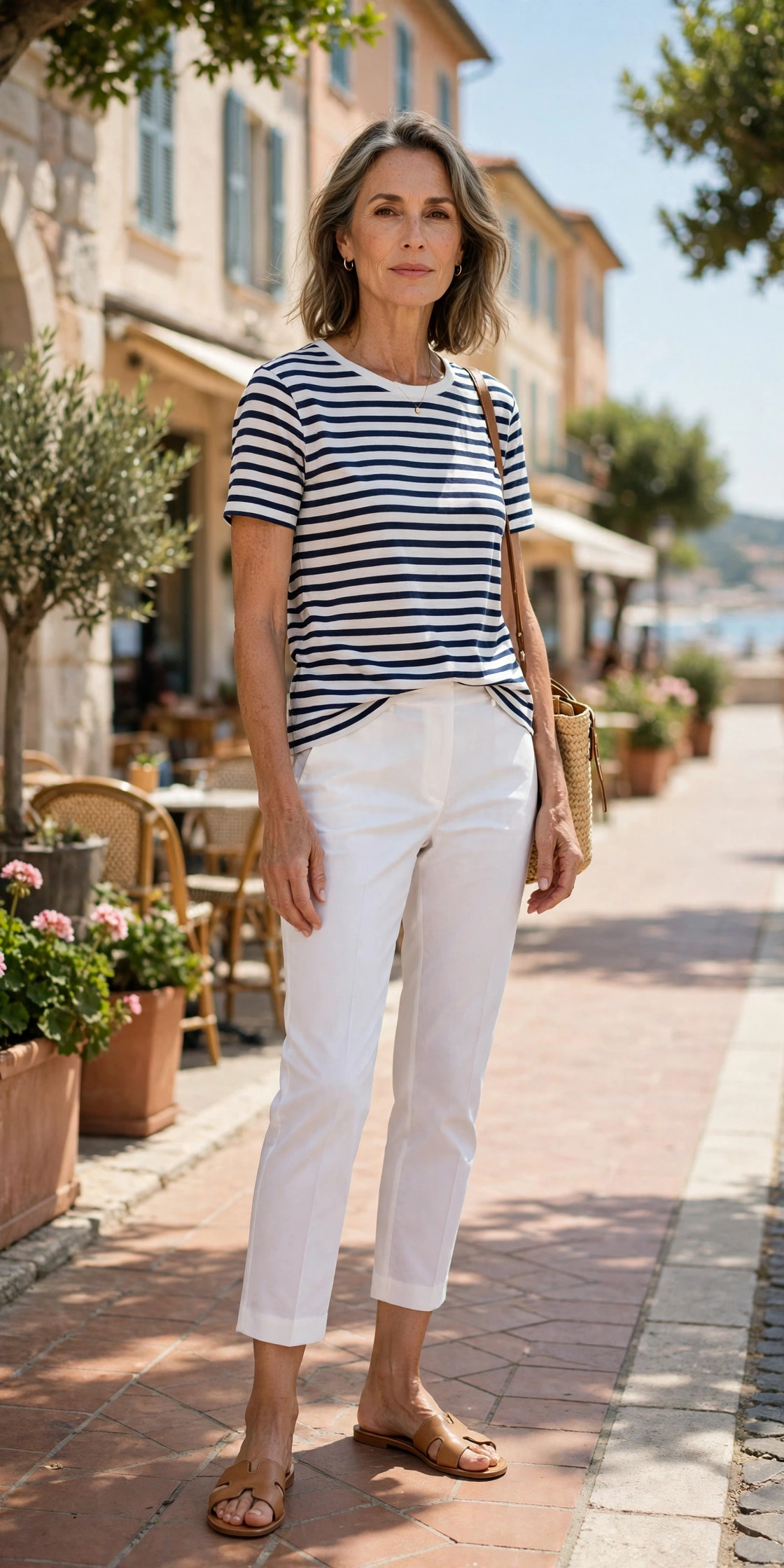 White Cropped Striped Top Tan Sandals - cropped pants outfit for women over 50