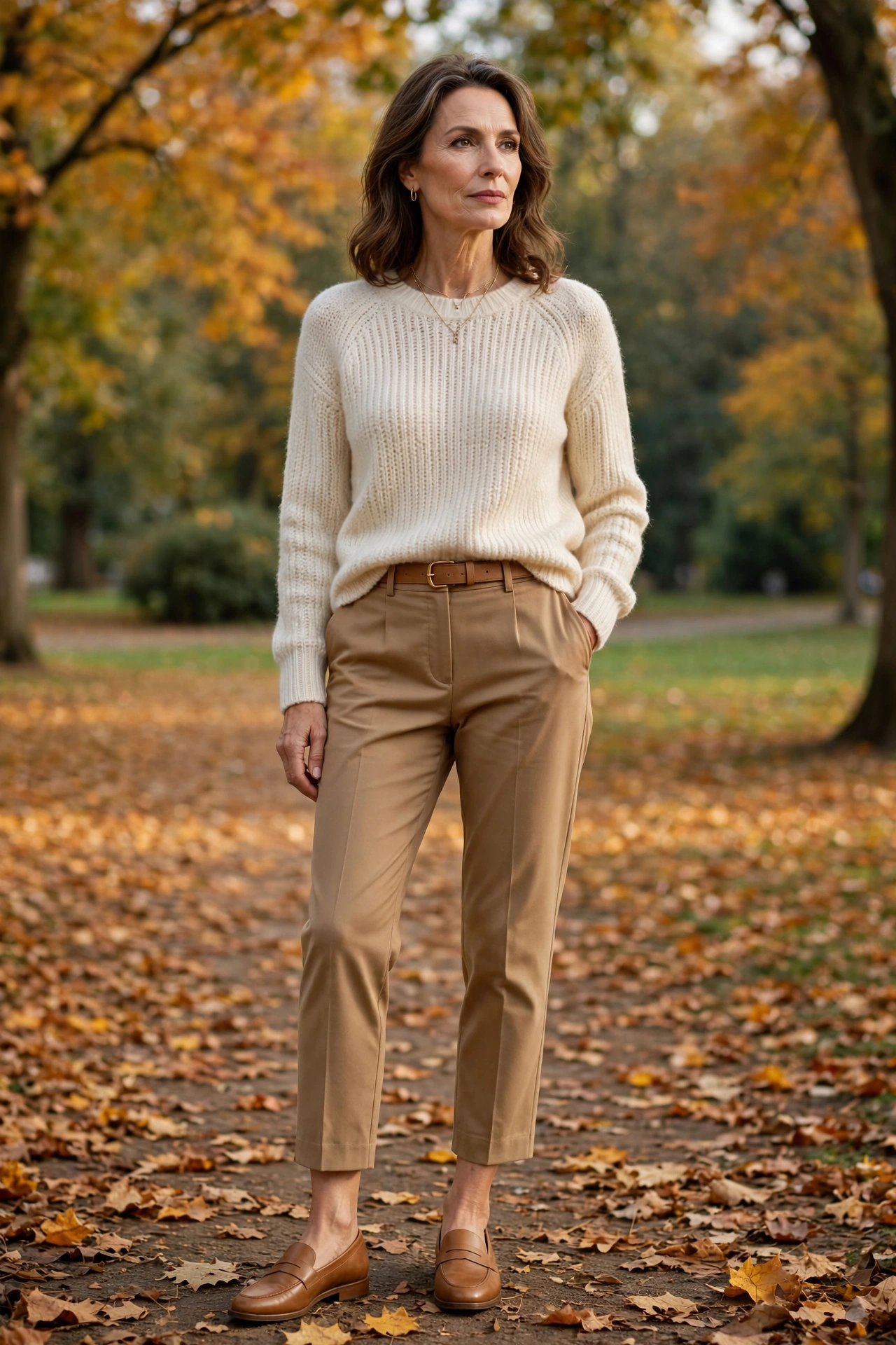 Tan Cropped Cream Sweater Loafers - cropped pants outfit for women over 50