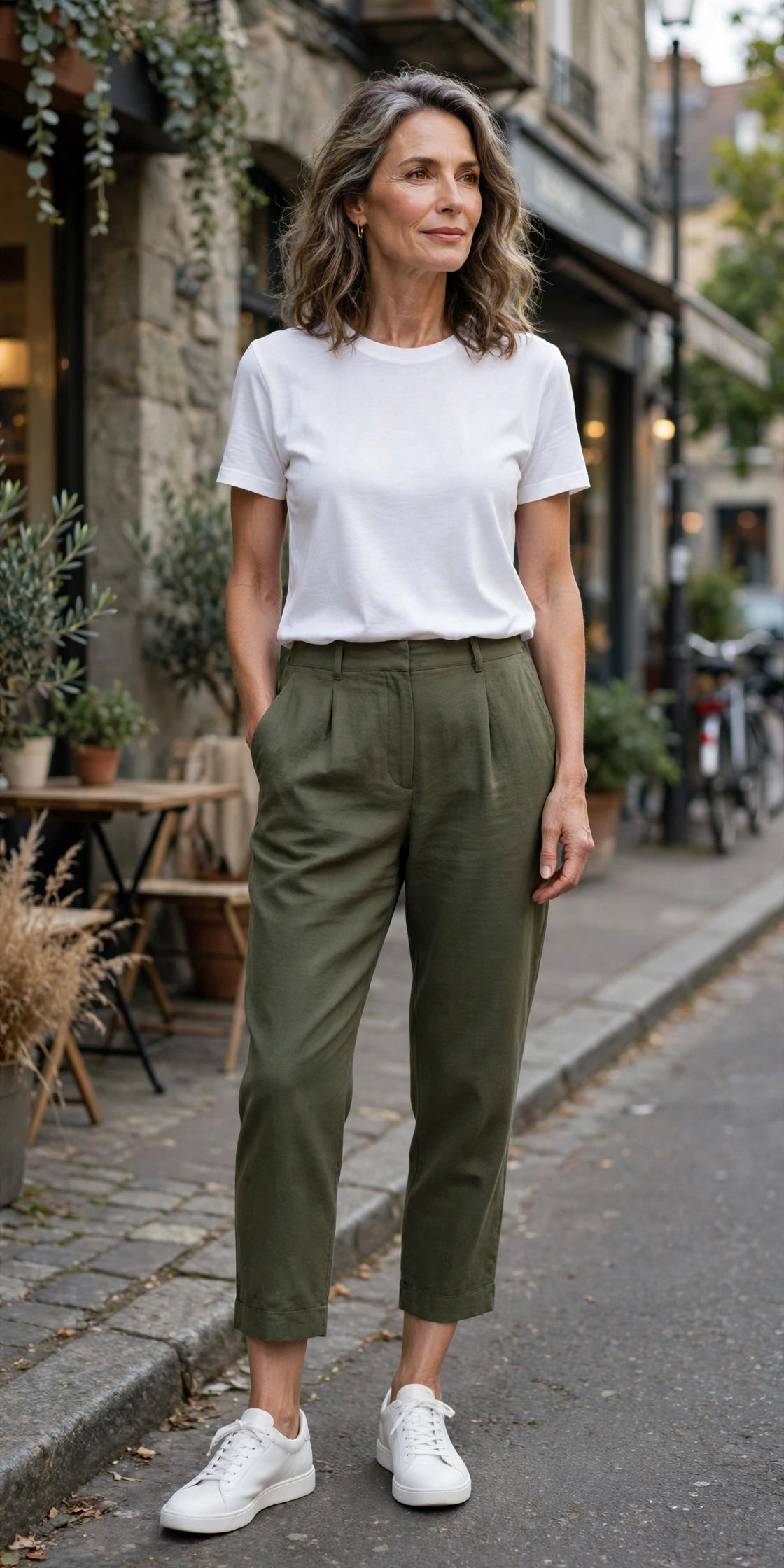 Olive Cropped White Tee White Sneakers - cropped pants outfit for women over 50