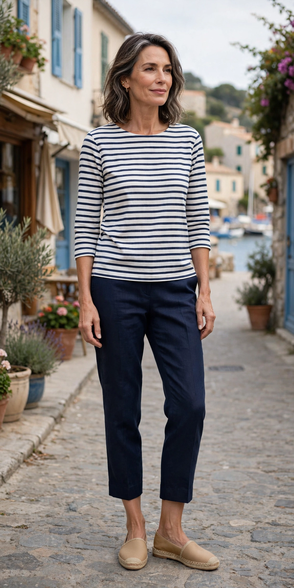 Navy Cropped Breton Top Espadrilles - cropped pants outfit for women over 50