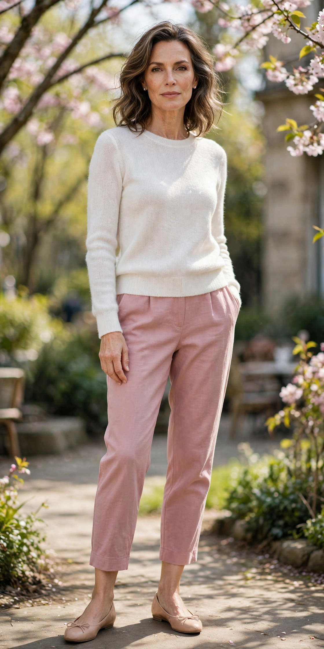 Pink Cropped White Knit Ballet Flats - cropped pants outfit for women over 50