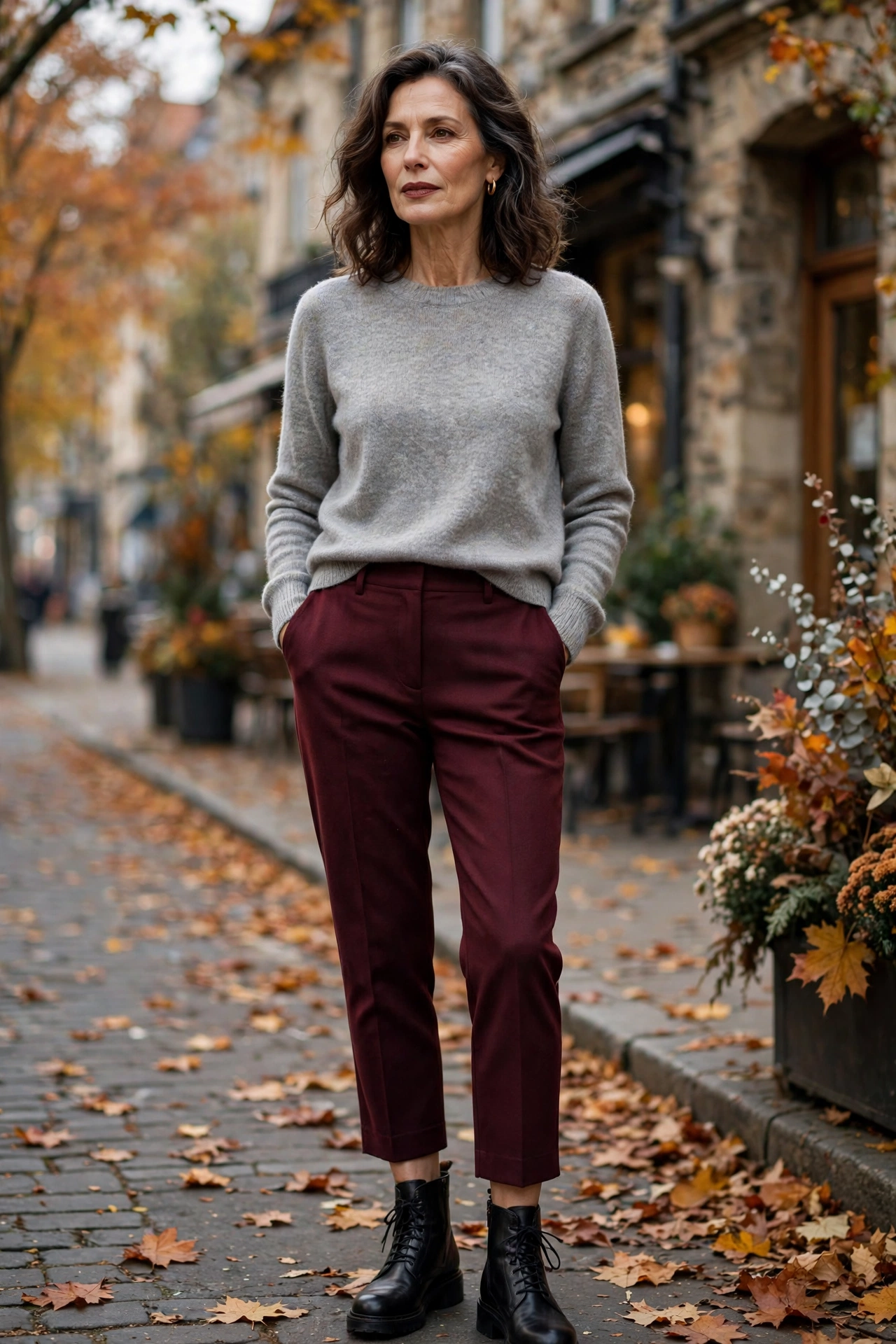 Burgundy Cropped Gray Sweater Ankle Boots - cropped pants outfit for women over 50