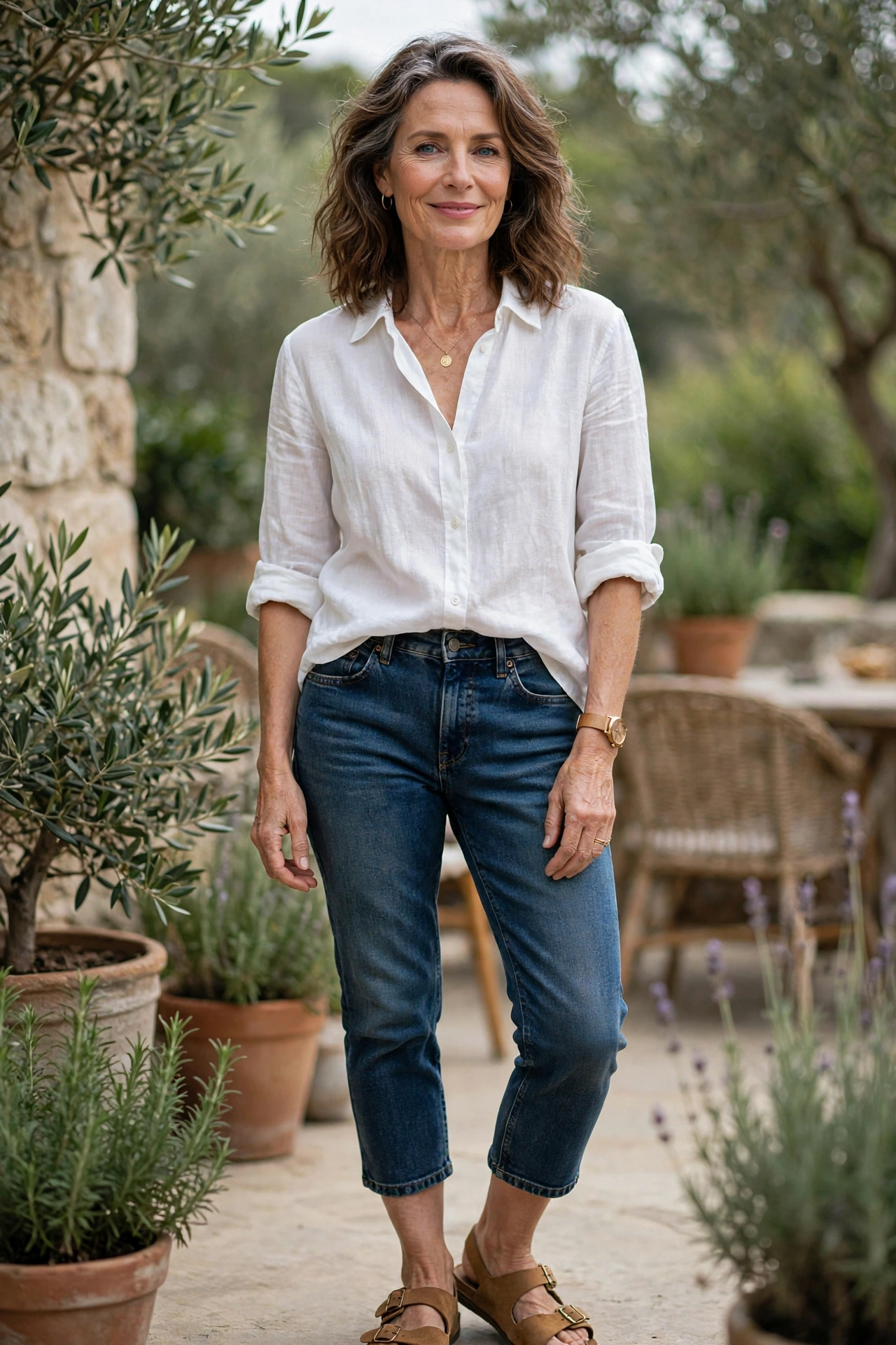 Denim Cropped White Linen Shirt - cropped pants outfit for women over 50