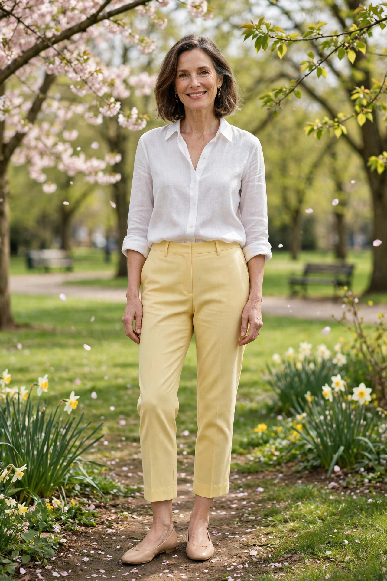 Yellow Cropped White Top Spring - cropped pants outfit for women over 50