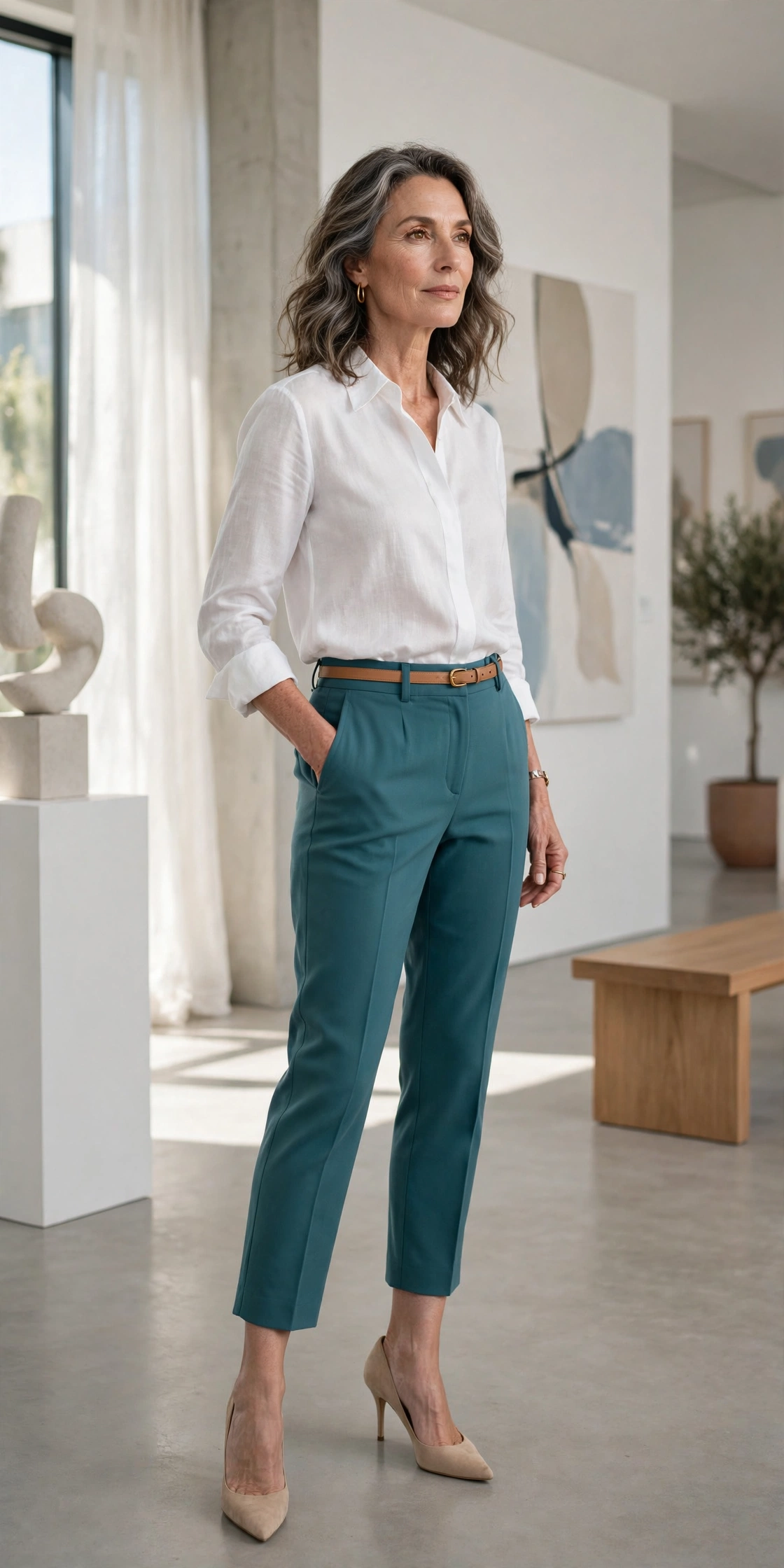 Teal Cropped White Blouse - cropped pants outfit for women over 50