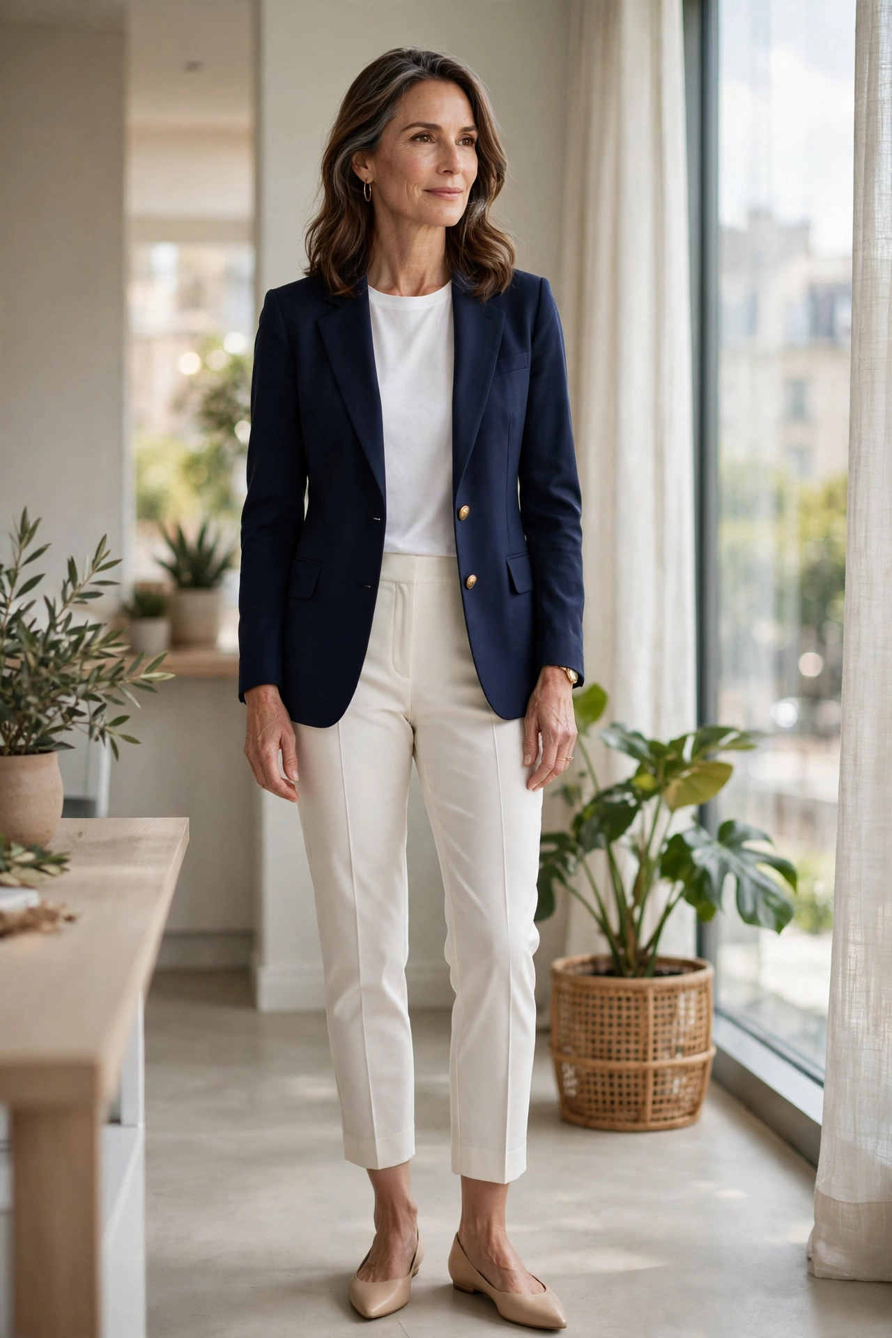 Ivory Cropped Navy Blazer - cropped pants outfit for women over 50