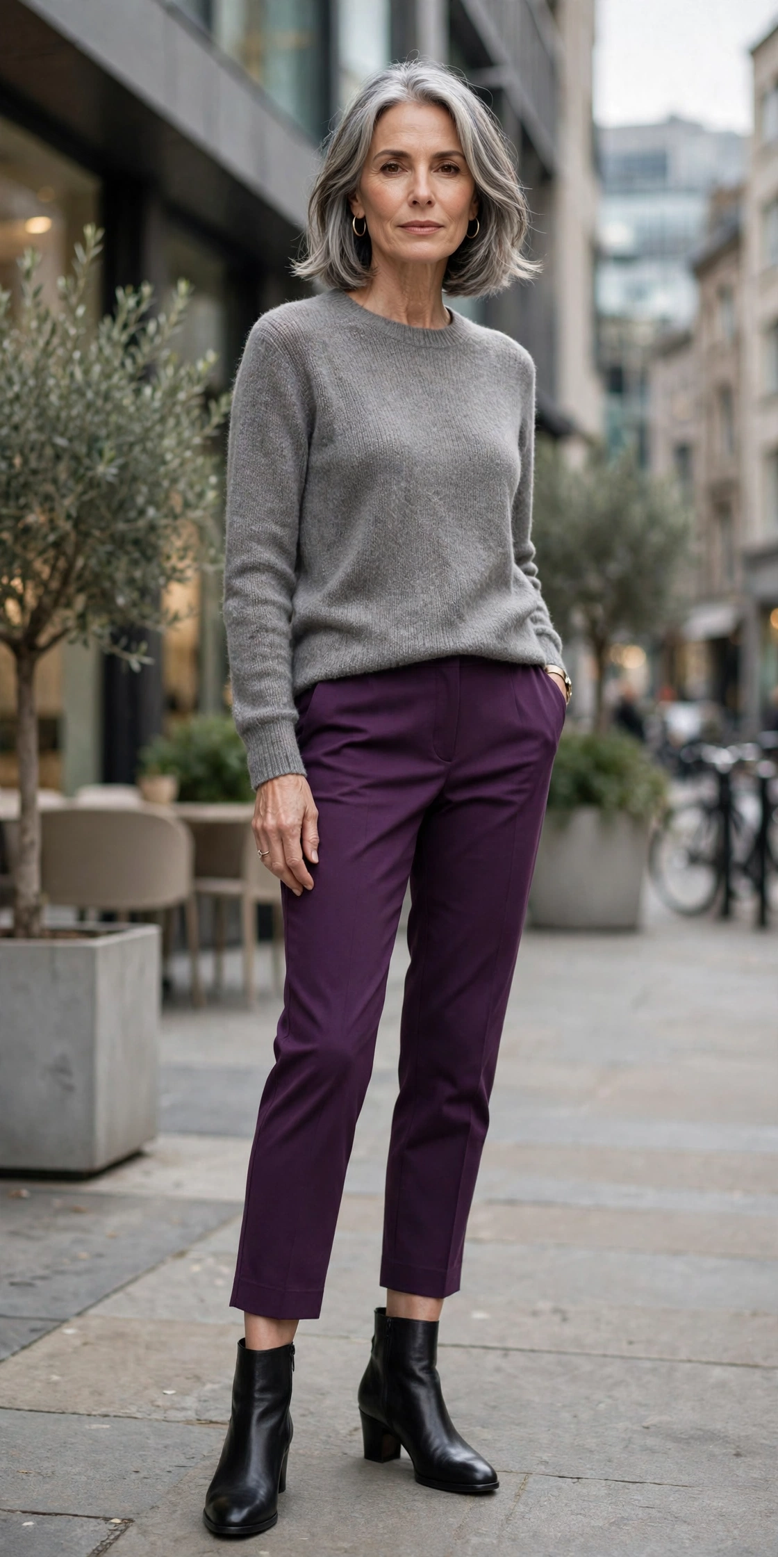 Plum Cropped Gray Knit - cropped pants outfit for women over 50