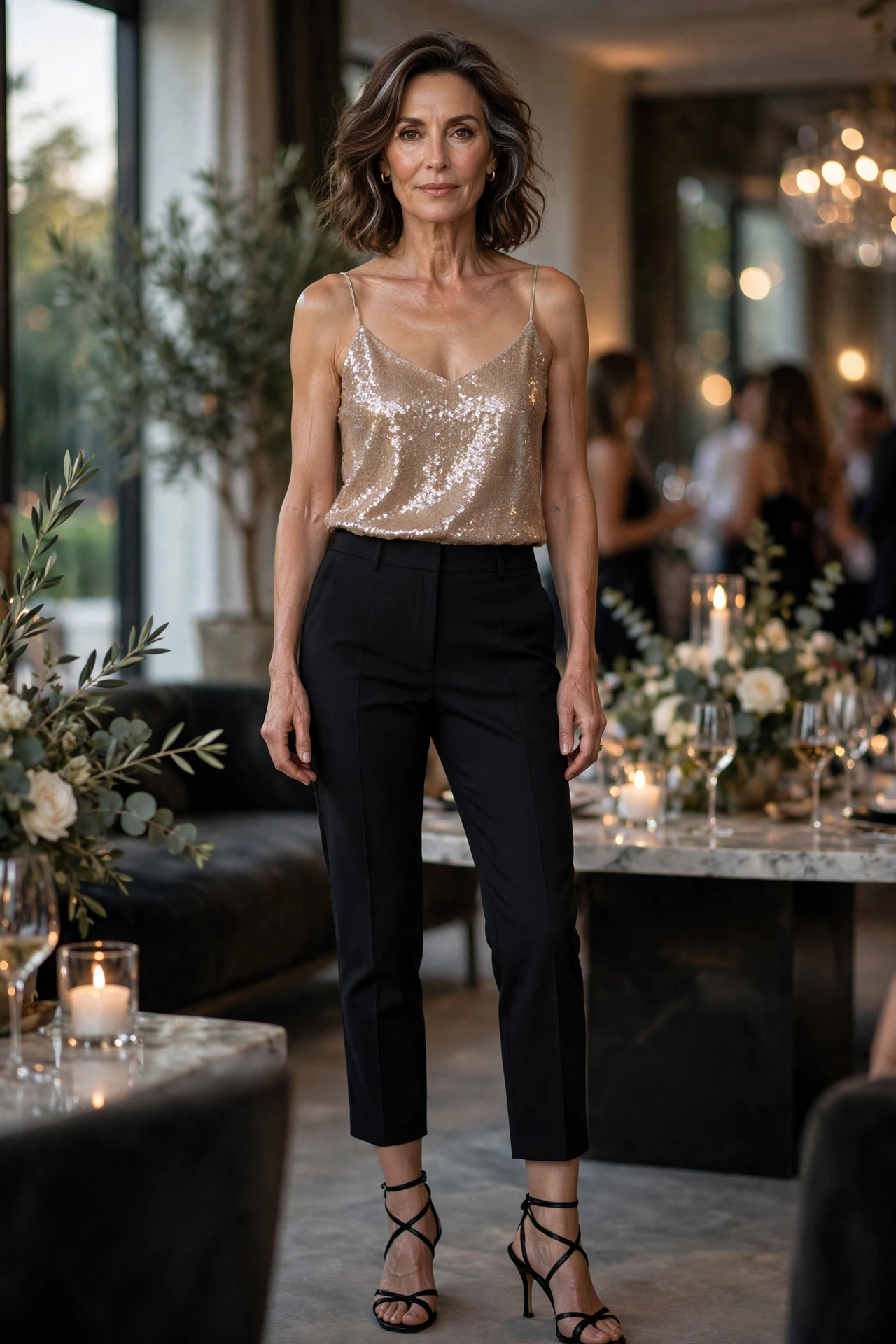 Black Cropped Sequin Cami Evening - cropped pants outfit for women over 50