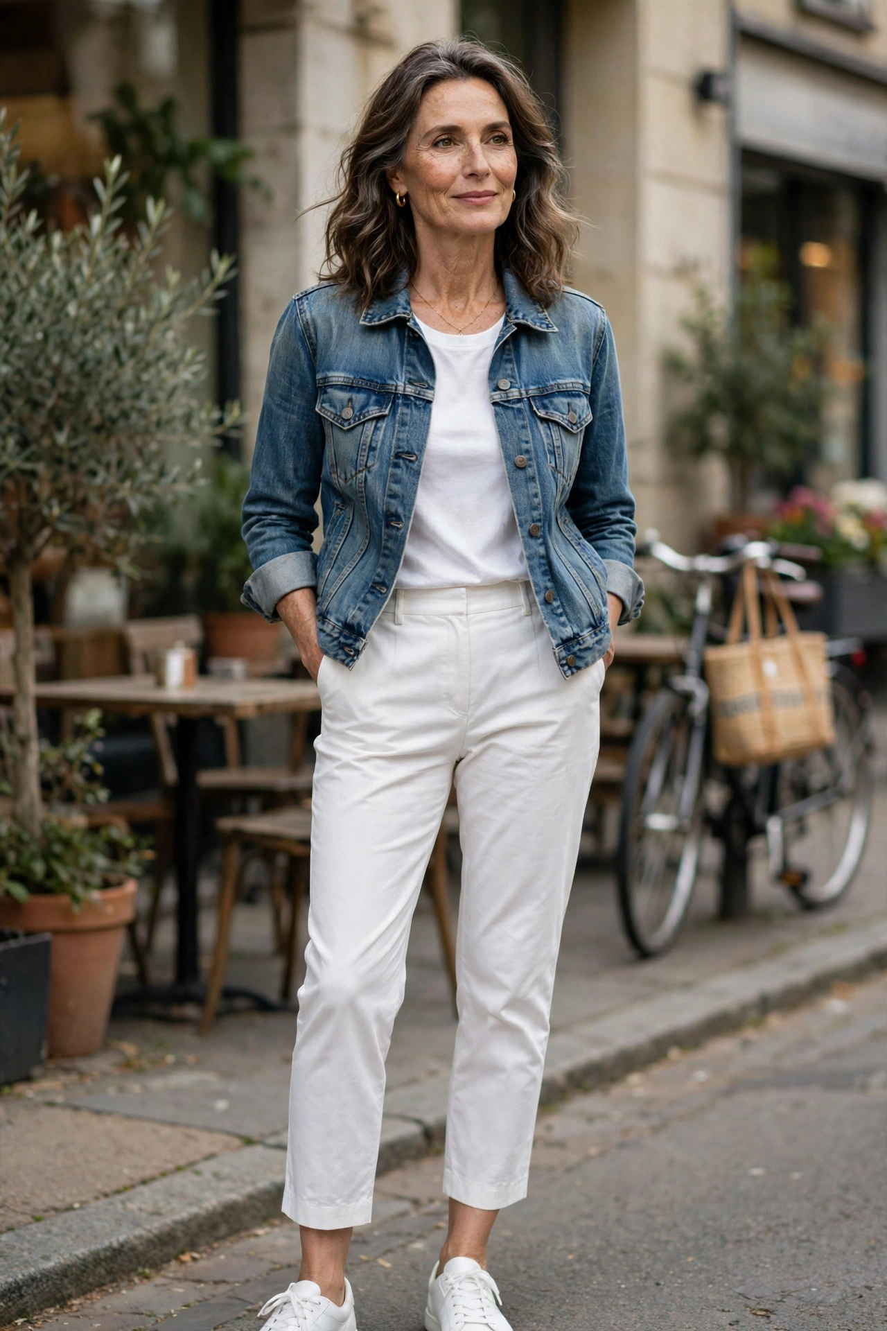 White Cropped Denim Jacket Tee - cropped pants outfit for women over 50