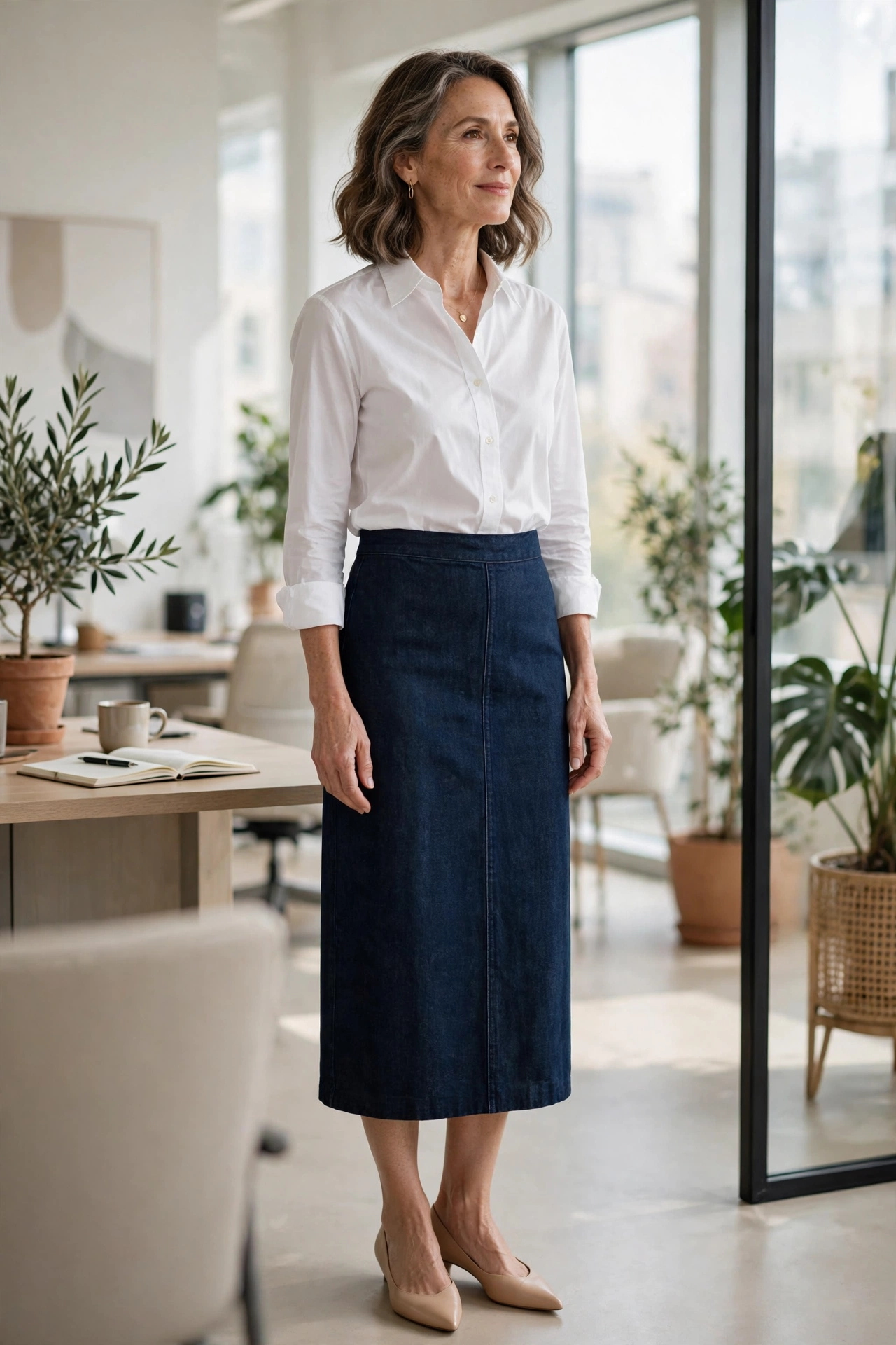 Dark Indigo Midi Crisp White Button-Down - denim skirt outfit for women over 50