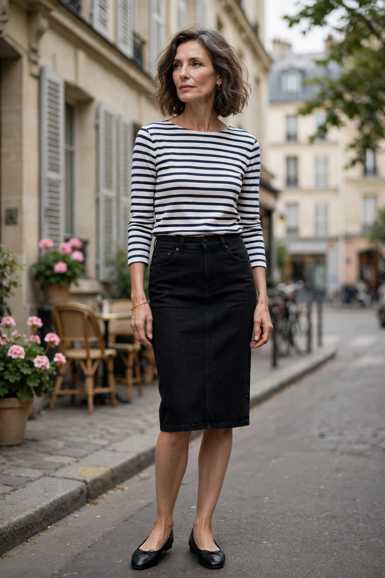 Black Denim Pencil Breton Stripe Top - denim skirt outfit for women over 50
