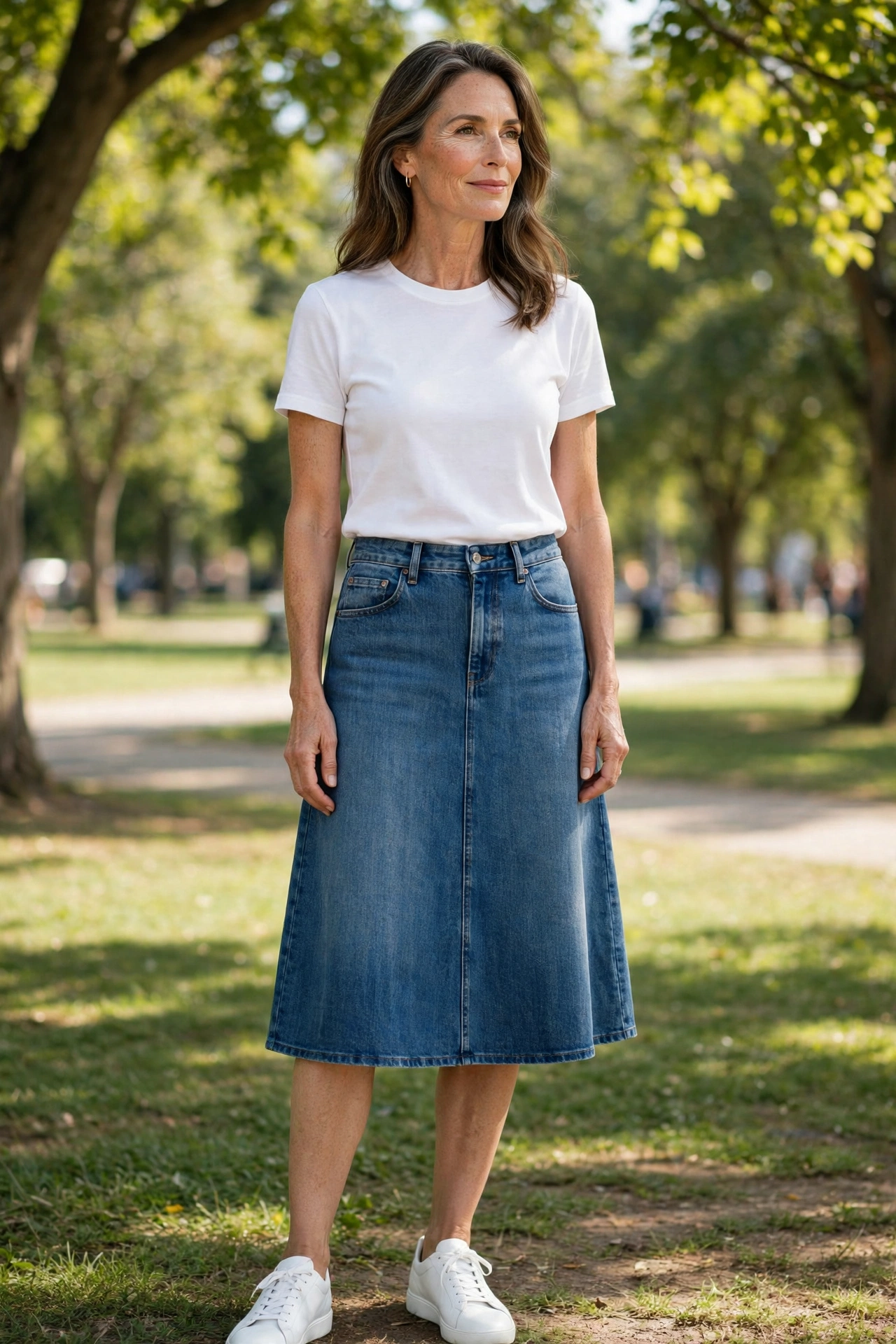 Medium Wash A-Line White Tee Sneakers - denim skirt outfit for women over 50
