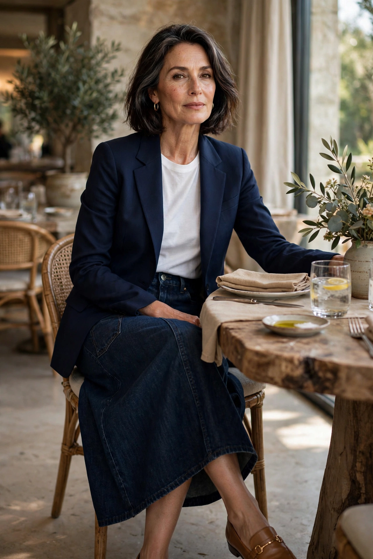 Dark Denim Midi Navy Blazer Loafers - denim skirt outfit for women over 50