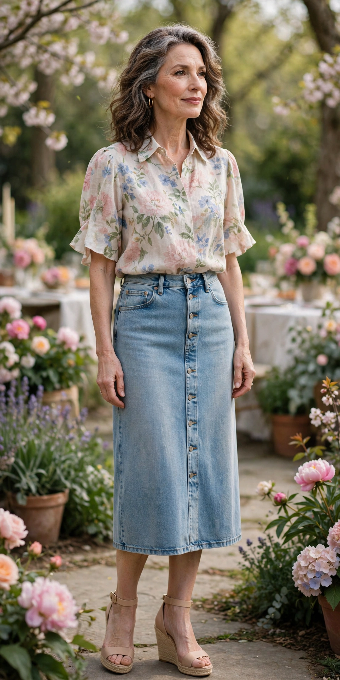 Light Wash Midi Floral Blouse - denim skirt outfit for women over 50