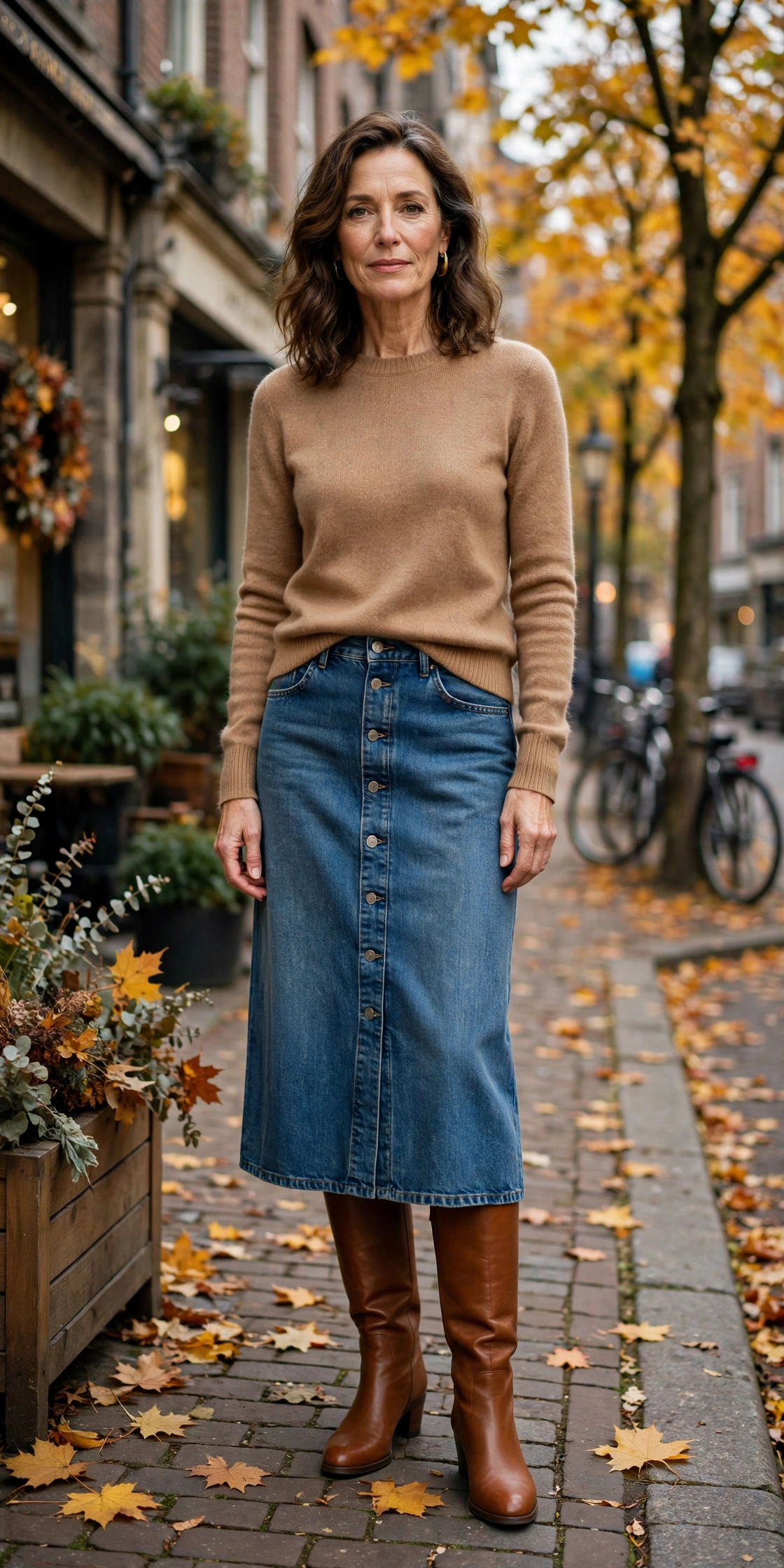 Button-Front Midi Camel Sweater Boots - denim skirt outfit for women over 50